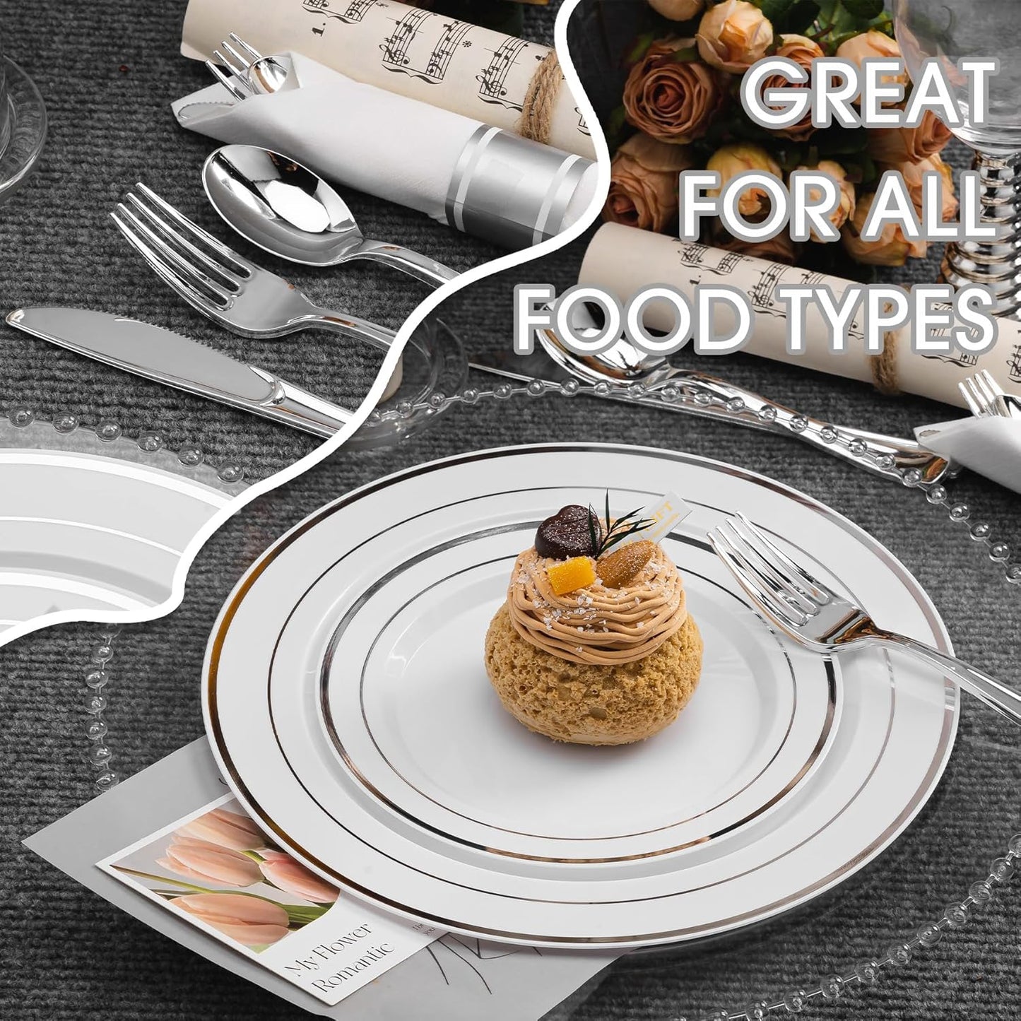 350 PCS White and Silver Plastic Dinnerware Set for 50 Guests, 100 Thanksgiving Disposable Plates for Party, 50 Pre Rolled Napkins with Silver Silverware, 50 Cups