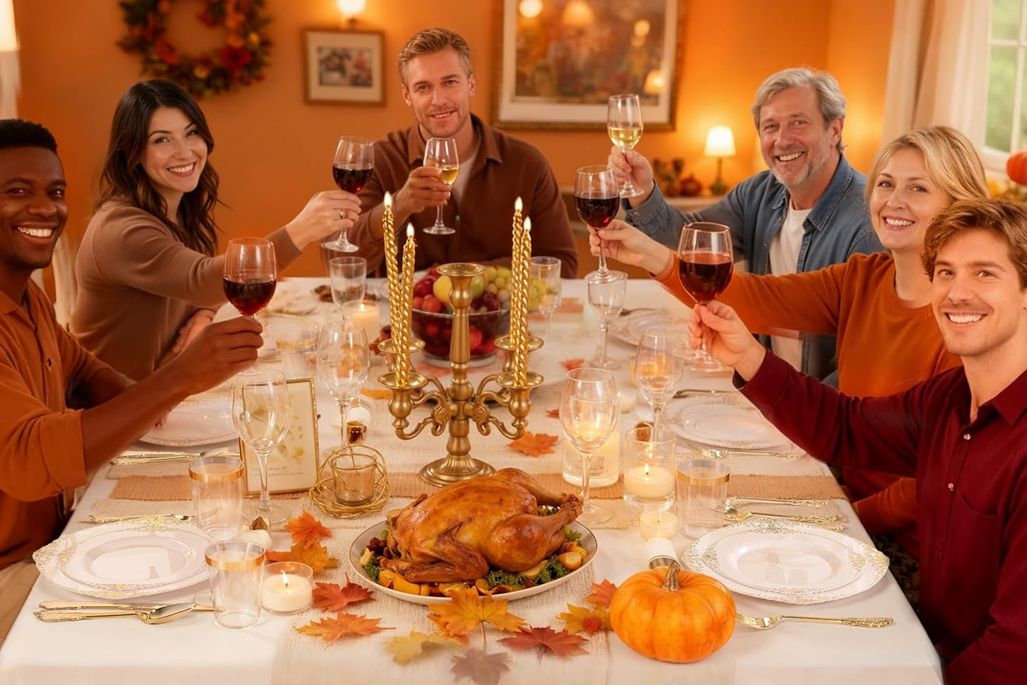 Nervure 350PCS Gold Plastic Plates - Gold Plastic Dinnerware Sets for 50 Guests - 100 Disposable Plates, 150 Silverware, 50 Cups, 50 Napkins for Wedding & Party & Thanksgiving