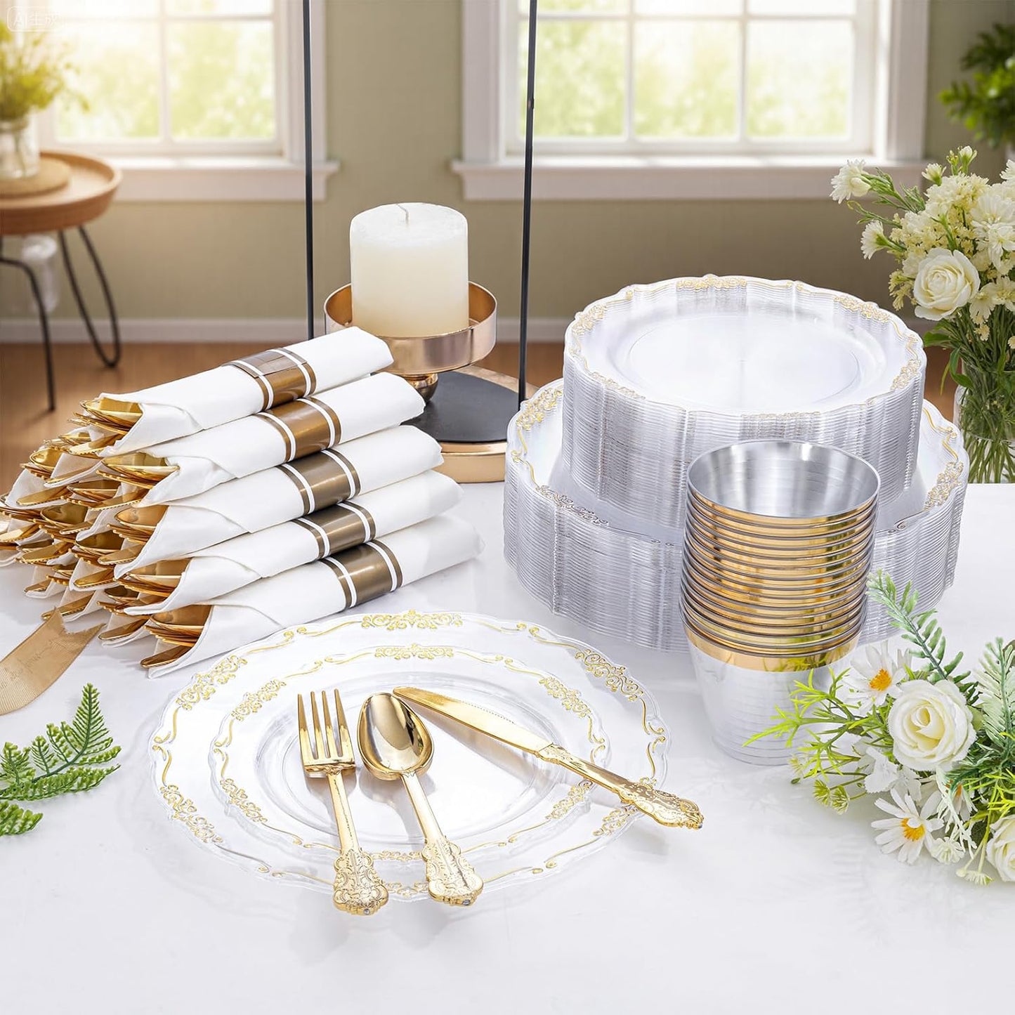 U-QE 175 Pieces Gold Plastic Plates and Napkins Party Supplies - Clear and Gold Dinnerware Set 25 Guest - 25 Dinner Plates, 25 Dessert Plates, 25 Per Rolled Napkins with Cutlery, 25 Cups 9 OZ
