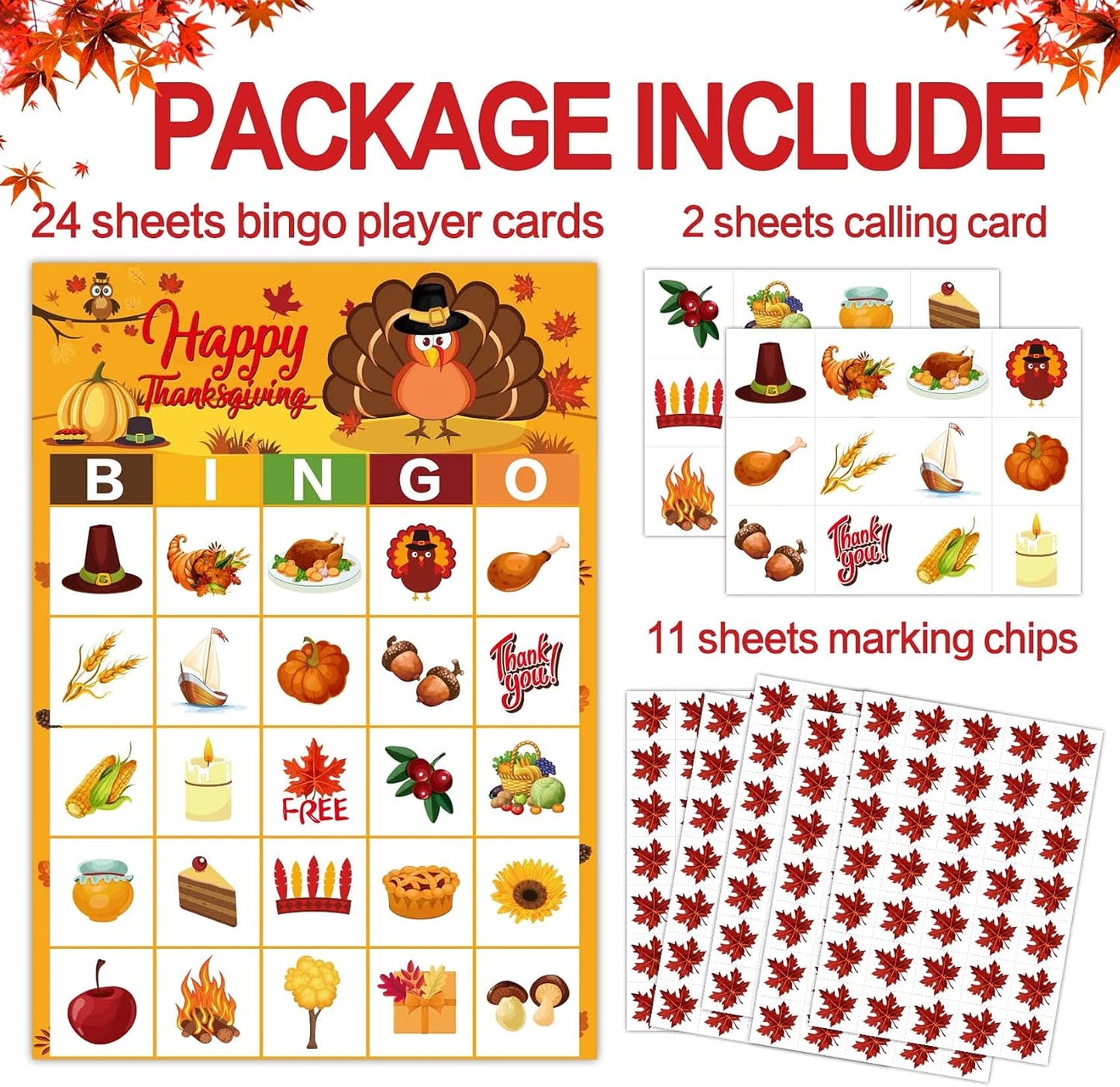 BAYLAY Thanksgiving Bingo Game- 24 Players Bingo Crads for School Classroom Family Birthday Party Activities