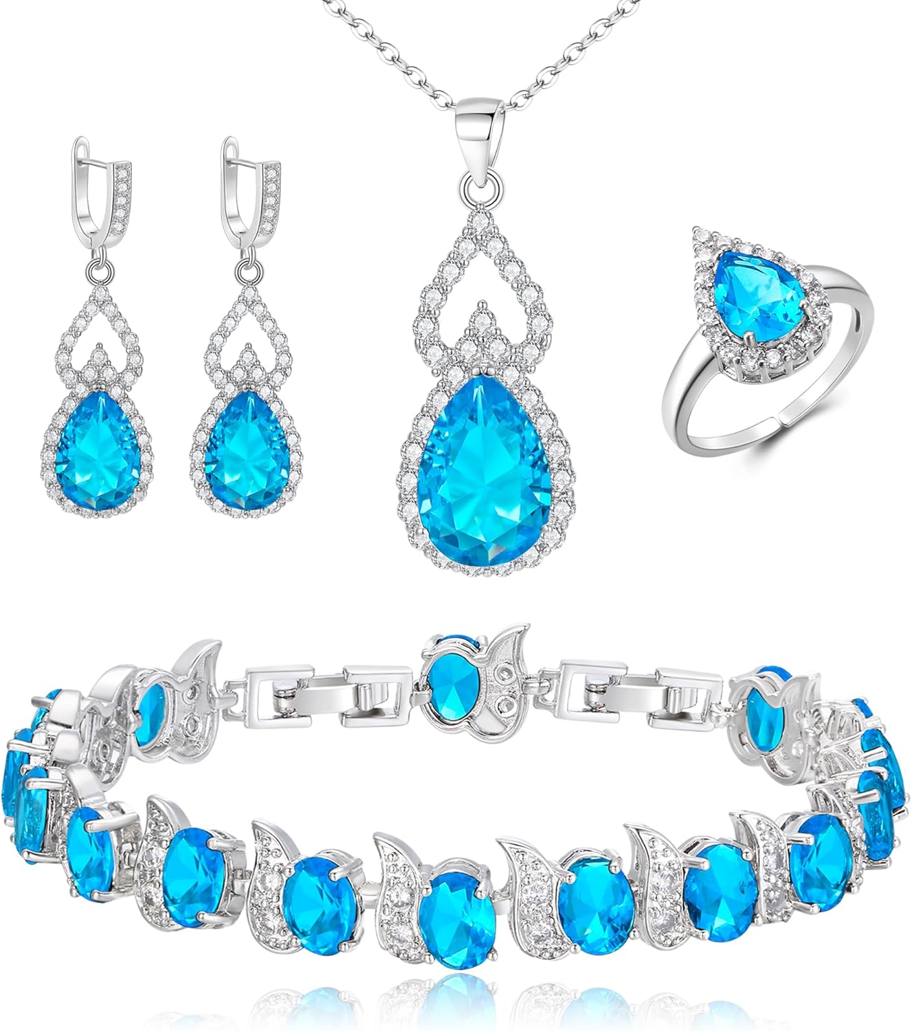 BriLove Wedding Jewelry Set for Women Bride Bridesmaid, Gorgeous Cubic Zirconia Teardrop Necklace Earrings Bracelet Adjustable Ring Jewelry Gift for Birthday/Anniversary/Mother’s Day