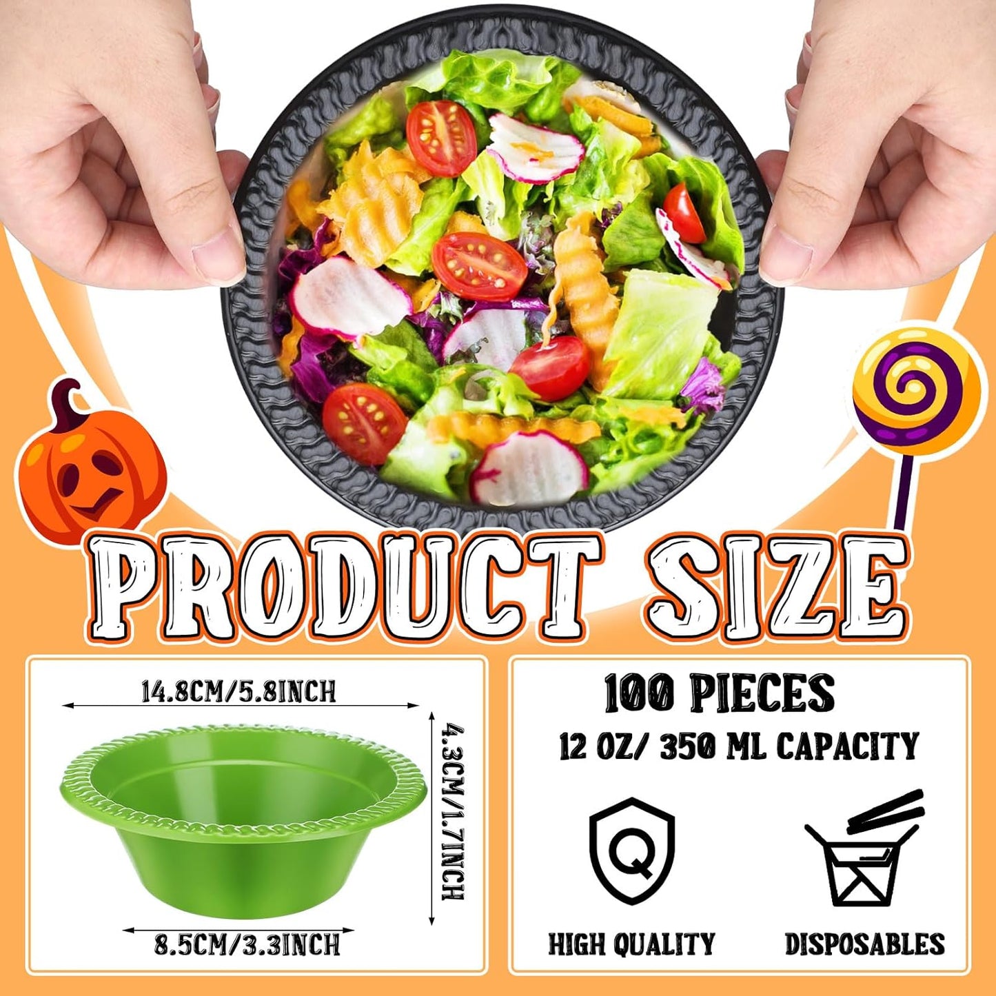 Layhit 100 Pcs Halloween Christmas Disposable Plastic Bowls 12 oz Soup Dessert Salad Bowl Candy Snack Plate Serving Supplies for Holiday Thanksgiving Fall Wedding Party Picnic