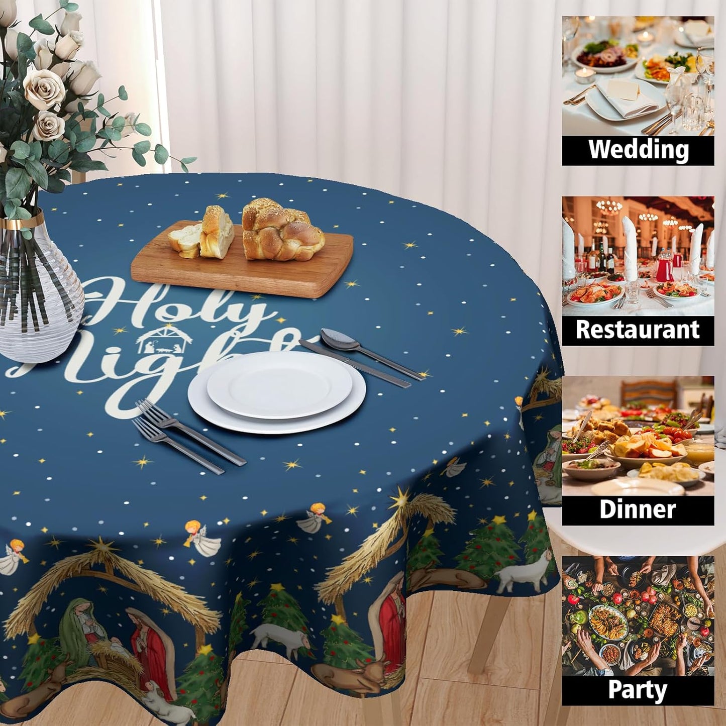 Giwawa 60inch Xmas Decorative Round Tablecloth Blue Holy Night Table Cloth for Kitchen Dining Washable Stain Resistant Polyester Table Cover for Holiday New Year Picnic Indoor Outdoor
