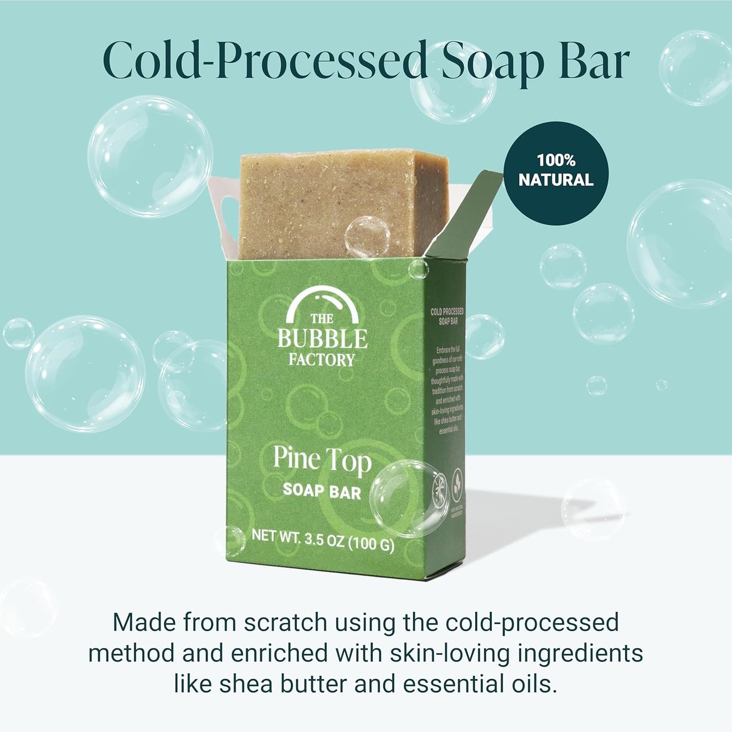 The Bubble Factory Handmade Soap, All Natural Soap for Women & Men, Hand, Bath & Body Natural Bar Soap, Vegan, Palm Oil Free, Made in USA with Shea Butter + Essential Oils, Pine Top, Single