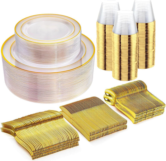 WELLIFE 300Pcs Clear Gold Dinnerware, Clear and Gold Plates Heavy Duty, Including 50 Dinner and 50 Dessert Plates, 50 Cups, 50 Silverware