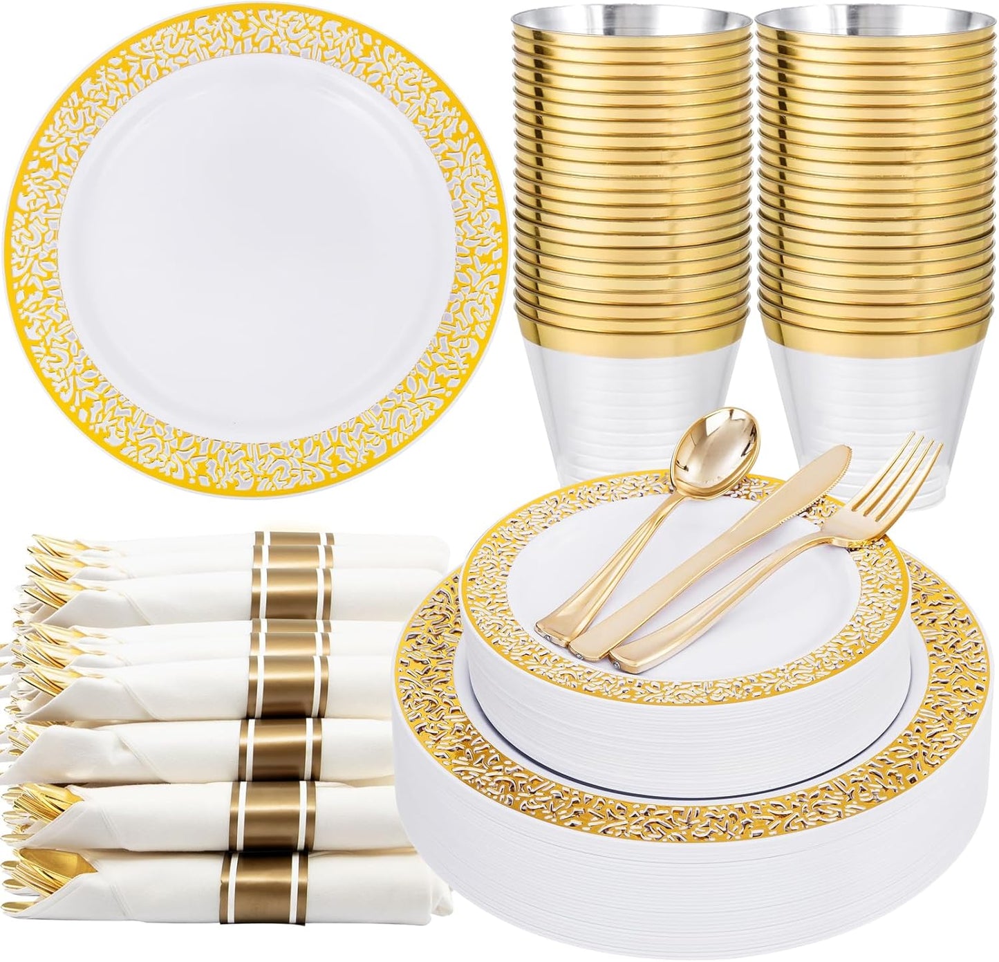 WELLIFE 175Pcs Gold Dinnerware Sets, Include:25 Dinner Plates, 25 Dessert Plates, 25 Paper Napkins, 25 Cups, 25 Plastic Cutlery Set