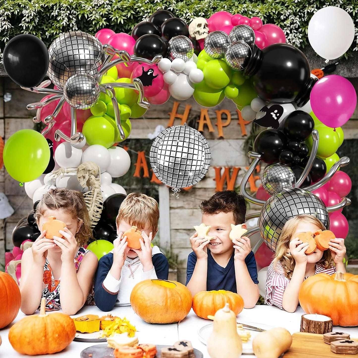 Halloween Balloons Arch Kit, Black Green Hot Pink Balloon Garland Kit with 4D Disco Spider Balloon, Black Pink White Metallic Silver Long Balloons for Halloween Birthday Home Garden Party Decorations