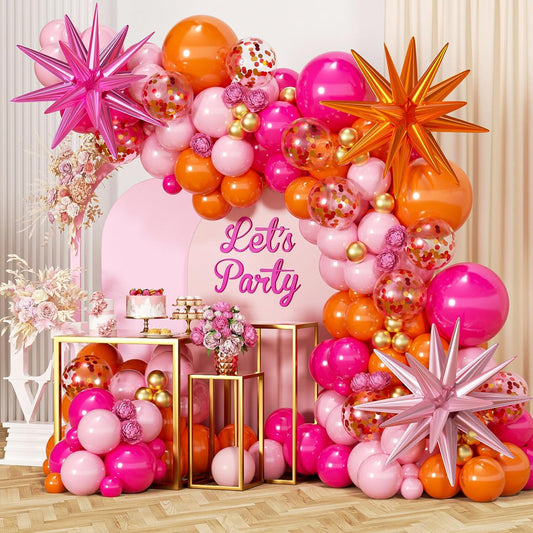 Pink and Orange Balloon Garland Arch Kit, 177Pcs Explosion Star Balloons Hot Pink Orange Metallic Gold and Confetti Balloons for Birthday Wedding Baby Shower Tropical Summer Party Decorations