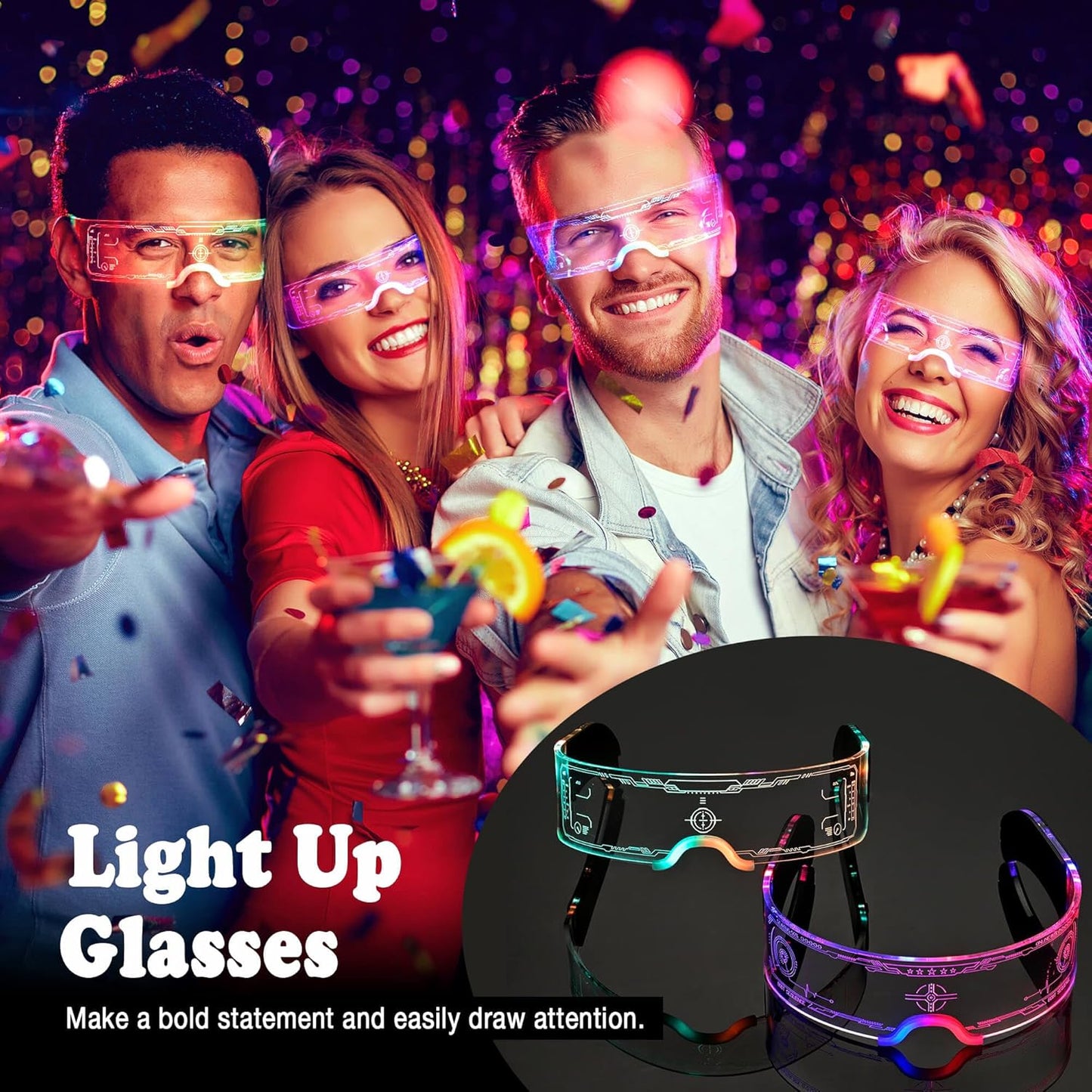 2 pack Light Up Glasses For Party LED Glass for Adult Kids MultiColor Futuristic Sunglasses Rave Accesories 7 Colors Neon Glasses,Gifts(Vivid Style)