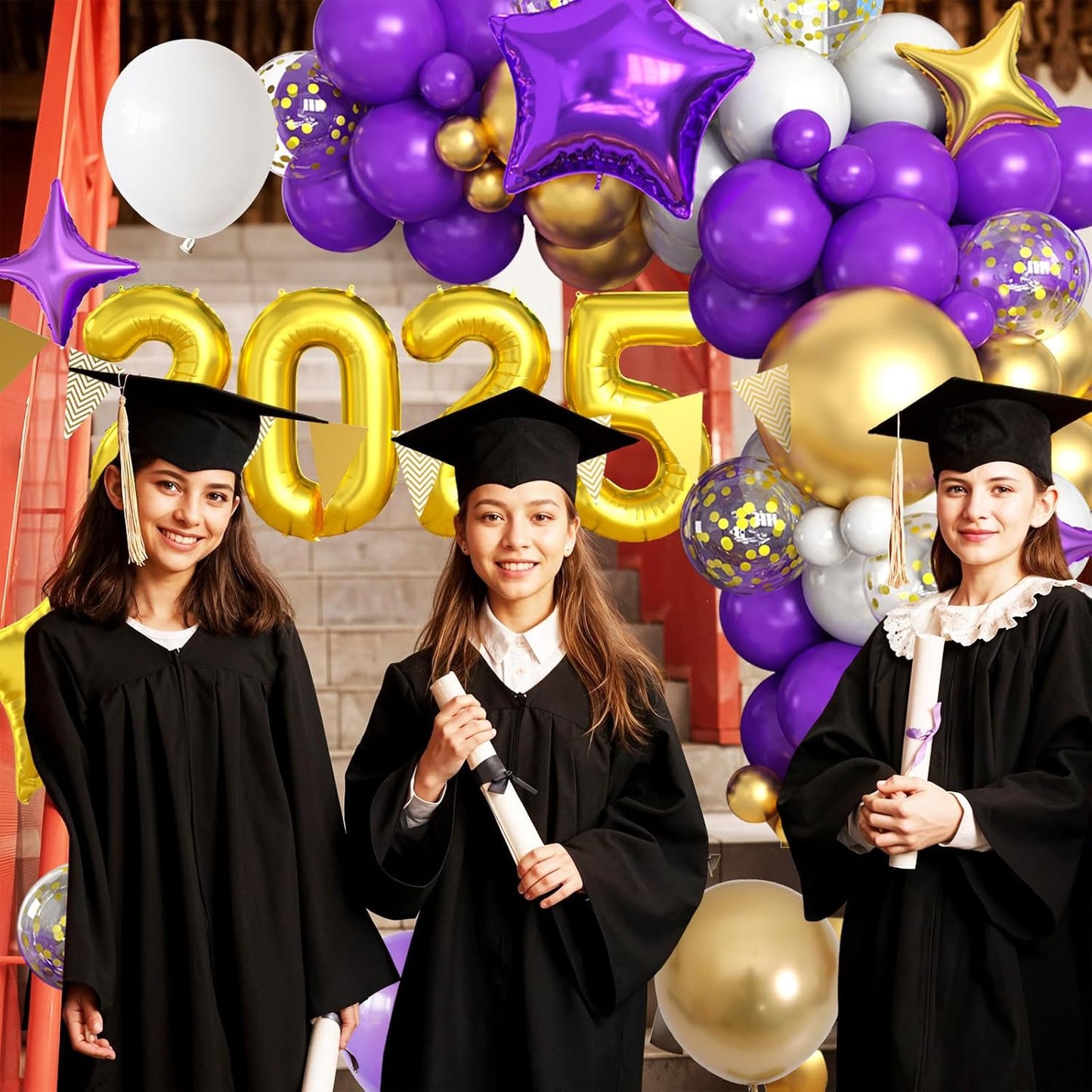 Purple Gold White Balloons Arch Kit with Star Balloon Pennant Flag Bunting 2025 Foil Balloon Banner Purple Gold Confetti Balloons Garland for Class of 2025 Graduation Theme Birthday Party Supplies