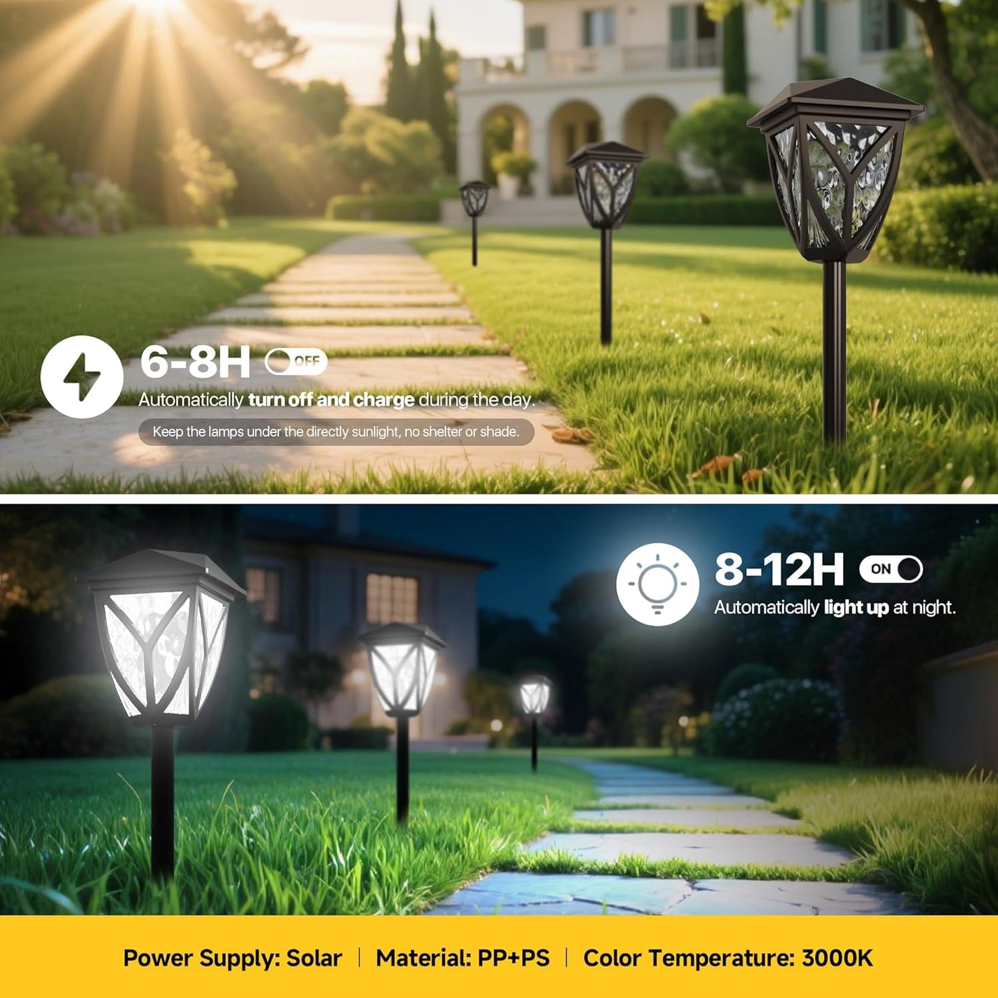 Ensenior 8-Pack Solar Lights Outdoor, 16.77" 6500K LED Solar Garden Lights for Pathway, Yard, Patio, Walkway, Planter, Waterproof, Energy-Efficient Landscape Lighting