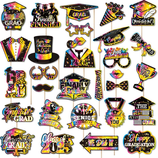 Graduation Party Photo Booth Props Kit - 30 PCS 2025 Grad Cap Glasses Funny Face Cutouts with Sticks & Dots for Graduation Ceremony Decorations, College High School Photo Accessories