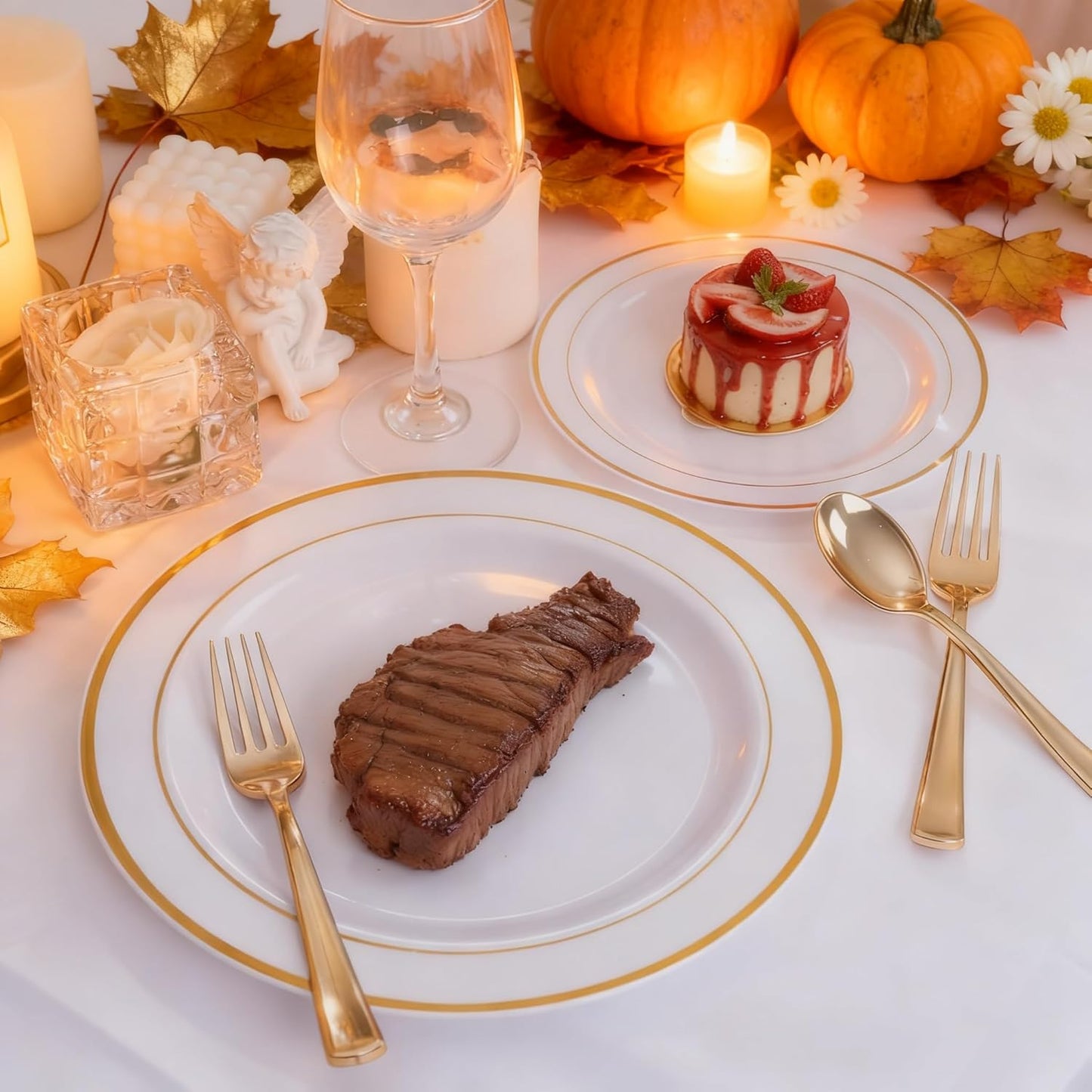 WDF 60PCS White Gold Plates Disposable - Gold Plastic Plates, Including 30-10.25inch Gold Dinner and 30-7.5inch Salad/Dessert for Thanksgiving