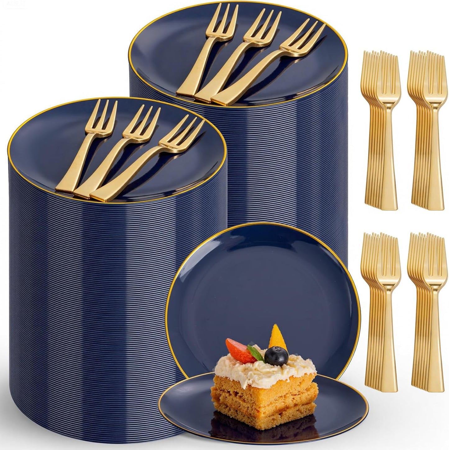 Festiva 400Pcs Navy Blue Gold Dessert Plates 6.3" with Forks 5"- 200PCS Small Disposable Dessert/Cake/Appetizer Plates and 200PCS Forks - Serve 200 Guests for Halloween Party&Birthday &New Year