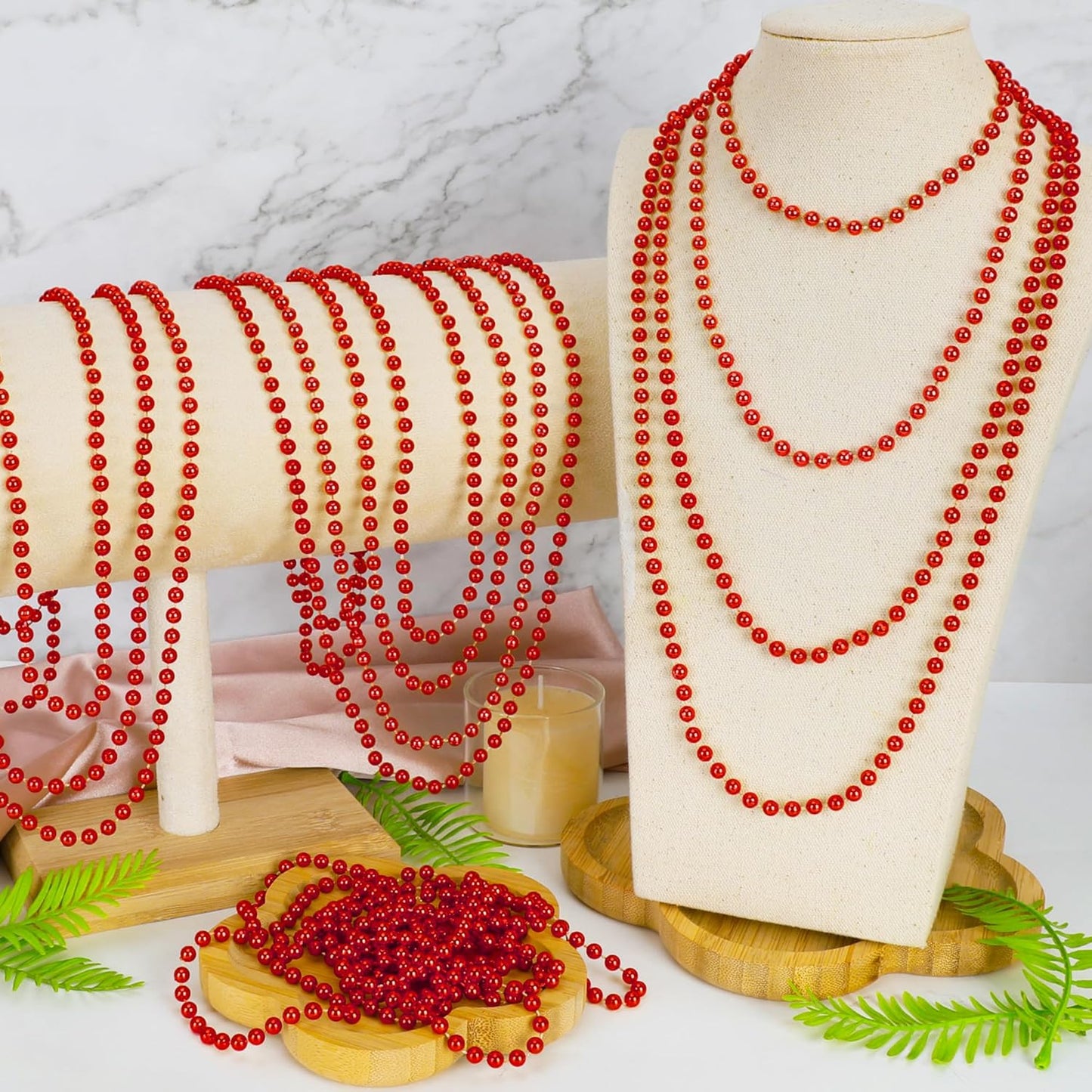 12 PCS Red Bead Necklace, 33" Red Christmas Beads Necklaces, 33" Carnival Beaded Stuff, Mardi Gras Beads Throws, Round Beads Necklaces for Mardi Gras Party Favors Christmas Celebrations Decorations