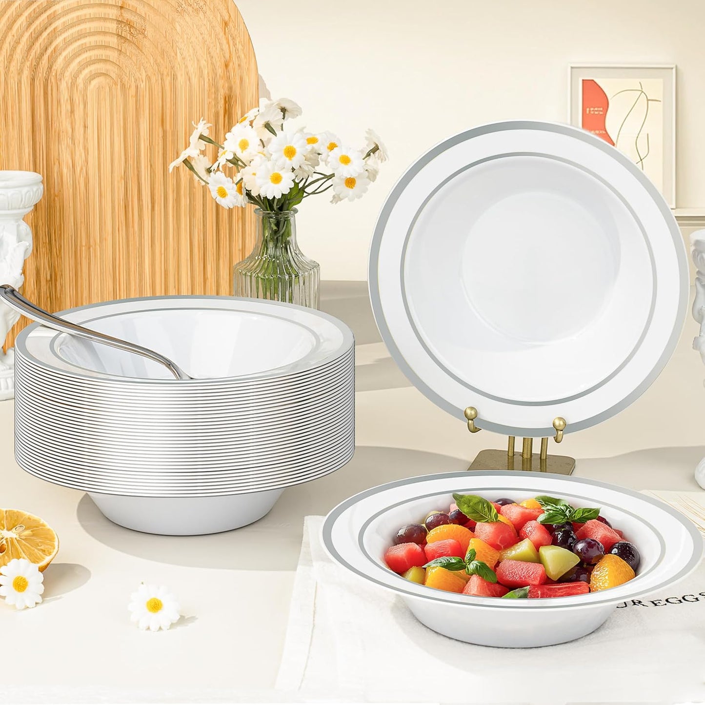 BESTVIP 100 Pack Plastic Disposable Soup Bowls, 12 oz White Dessert Bowls with Silver Rim, Heavy-duty Salad Bowl for Party, Wedding, Christmas, Thanksgiving, Dinner, Catering