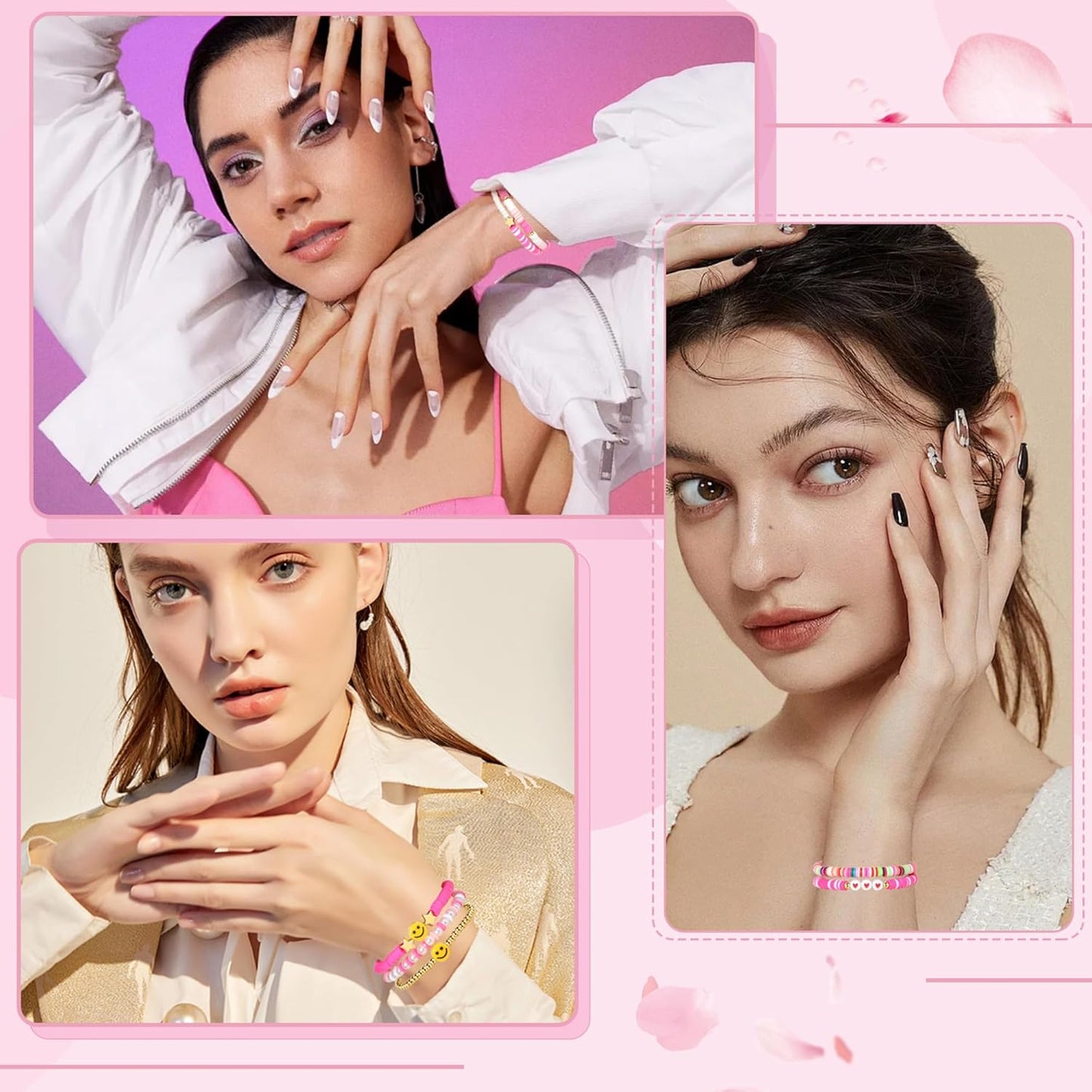 Preppy Bracelets Set Colorful White Gold Smile Heart Star Polymer Beaded Pearl Clay Stackable Charm Y2K Kidcore Aesthetic Summer Beach Bohemian Stretch Layering Bracelets Jewelry for Girls Women Teens