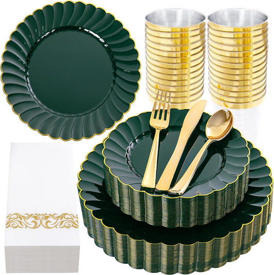 YOUBET 175PCS Green Scalloped Plastic Plates - Green and Gold Disposable Dinnerware Set Include 50 Plates, 75 Gold Silverware, 25 Cups, 25 Napkins for Party & Wedding & Christmas