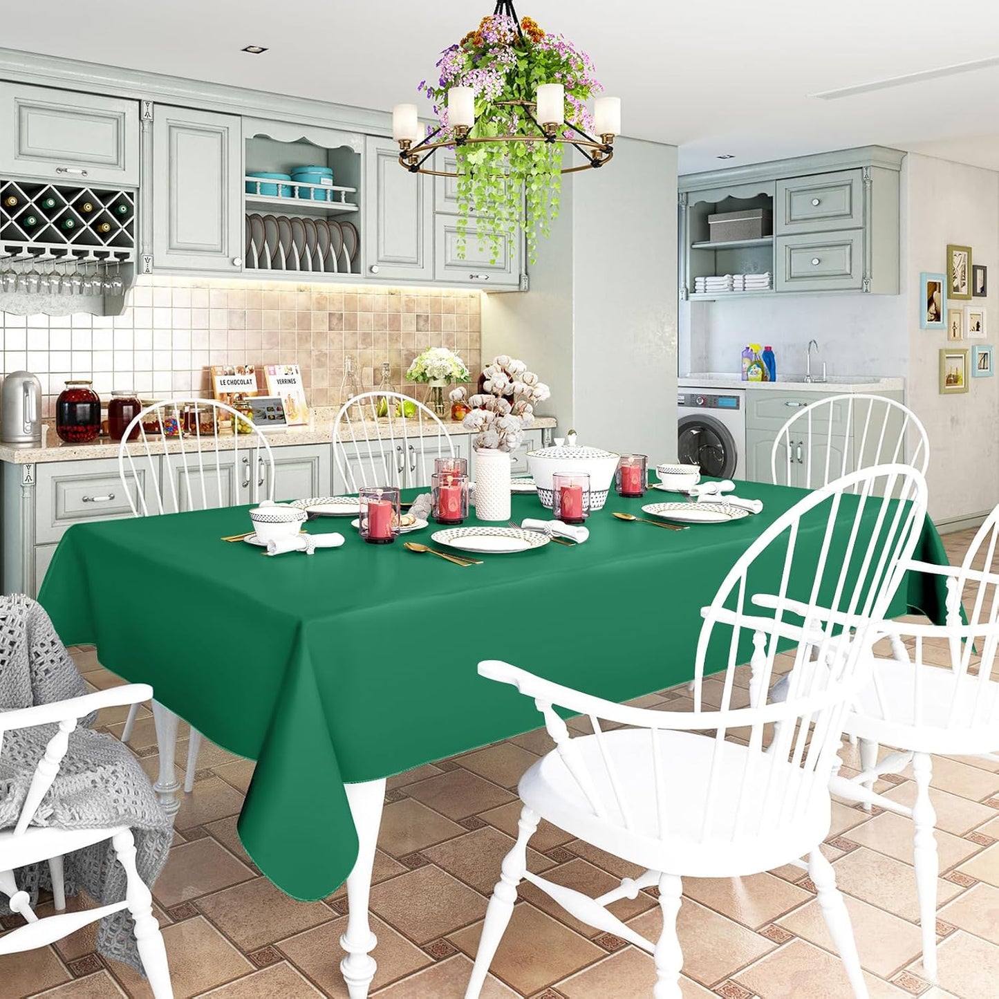 homing Rectangle Vinyl Tablecloth, Waterproof Spillproof Plastic Flannel Backed Table Cloth, Wipe Clean Table Cover for Dining, Buffet Parties and Camping (Emerald Green, 60" x 84")