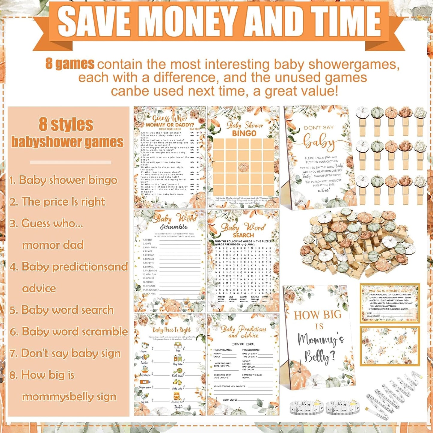 426 Pcs Little Pumpkin Baby Shower Games Set-8 Games, Includes Baby Shower Bingo, Price, Guess Who, Word Scramble, Prediction and Advice, How Big is Mommy's Belly, Don't Say The Words