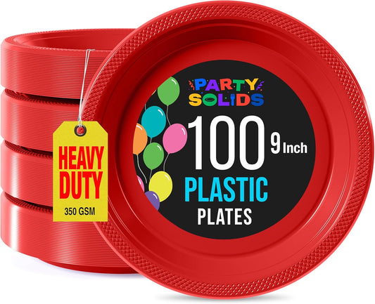 Exquisite Party Solids Red Plastic Plates For Party 9" Red Disposable Plates Heavy Duty 100 Pcs Plastic Dinnerware Sets Heavy Duty 350 GSM Disposable Dinnerware Set