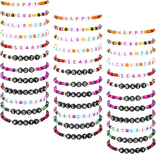Cunno 36 Pcs Kids Friendship Bracelets for Girls Women Beads Bracelets Surfer Stretch Beaded Cute Colorful jewelry for Birthday Goodie Bag Stuffers Fillers School Gifts Party Favors(Spooky Style)