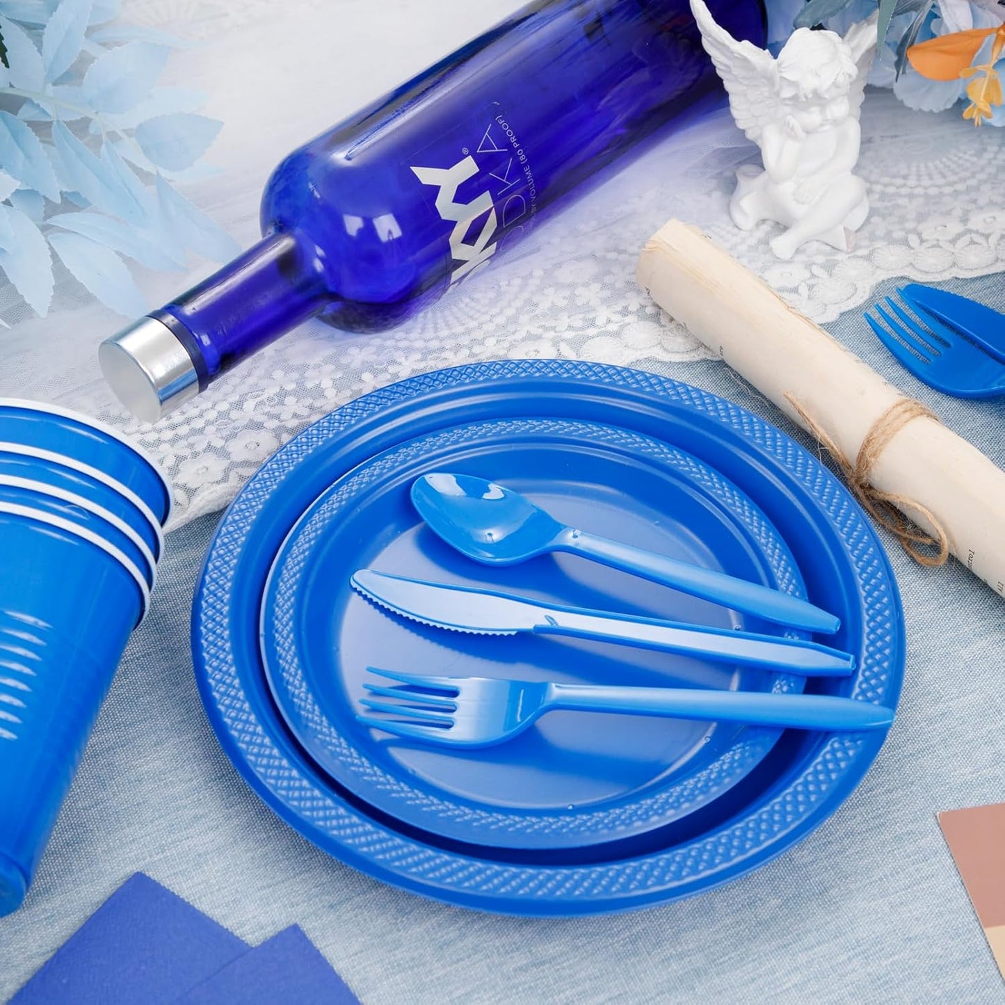 MirthMood 350 Pieces Blue Party Supplies, Disposable Dinnerware Set, Including Blue Plastic Plates and Napkins, Plastic Cutlery and 12OZ Cups