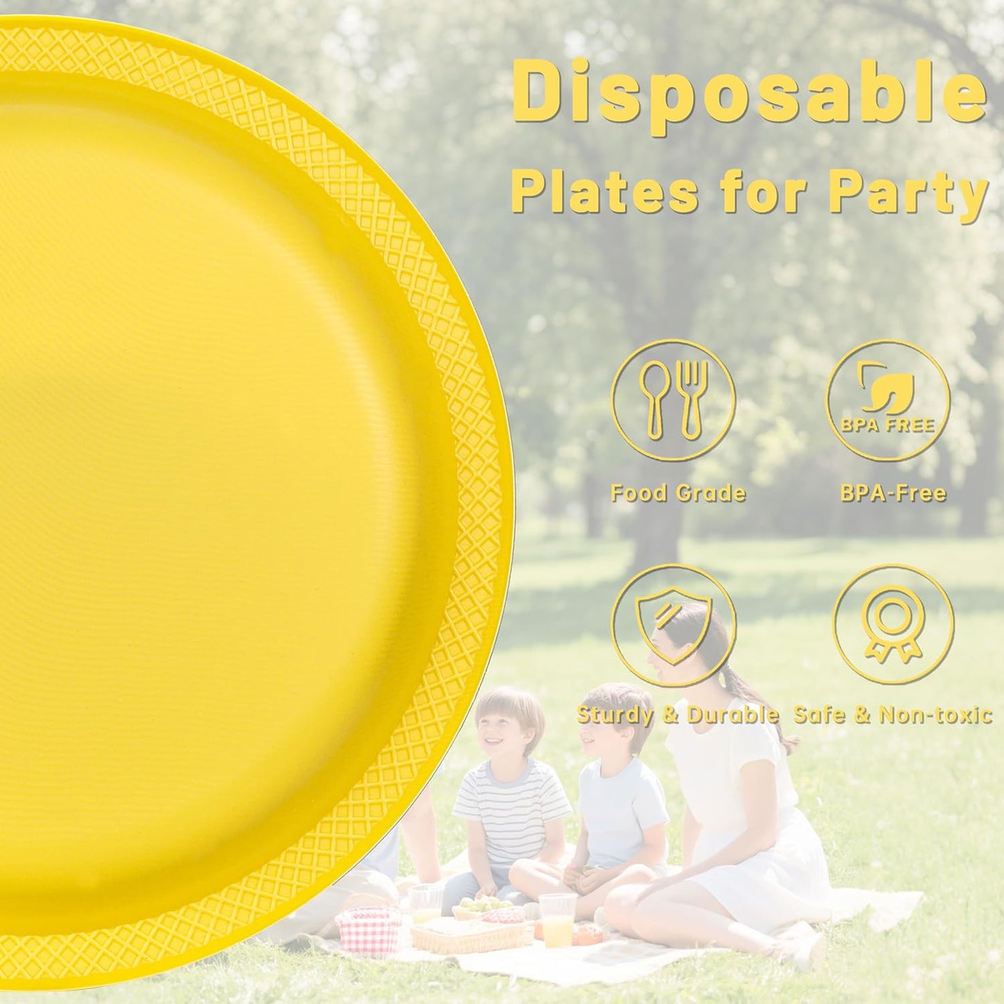 WELLIFE 10 Inch Plastic Plates Yellow 50 Count Disposable Plate for Party, Large Big Plates for Dinner Party Supplies Birthday Camping BBQ