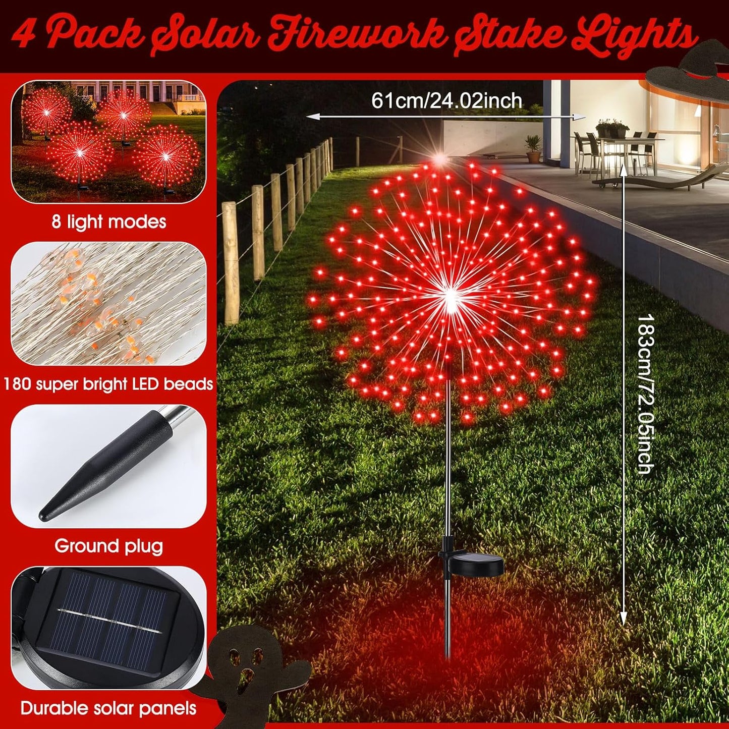 4 Pack Christmas Solar Firework Lights Decorations Garden Pathway Solar Power Light Stake Waterproof Landscape Lamp with 180 LED 8 Modes for Christmas Party Decoration(Red)