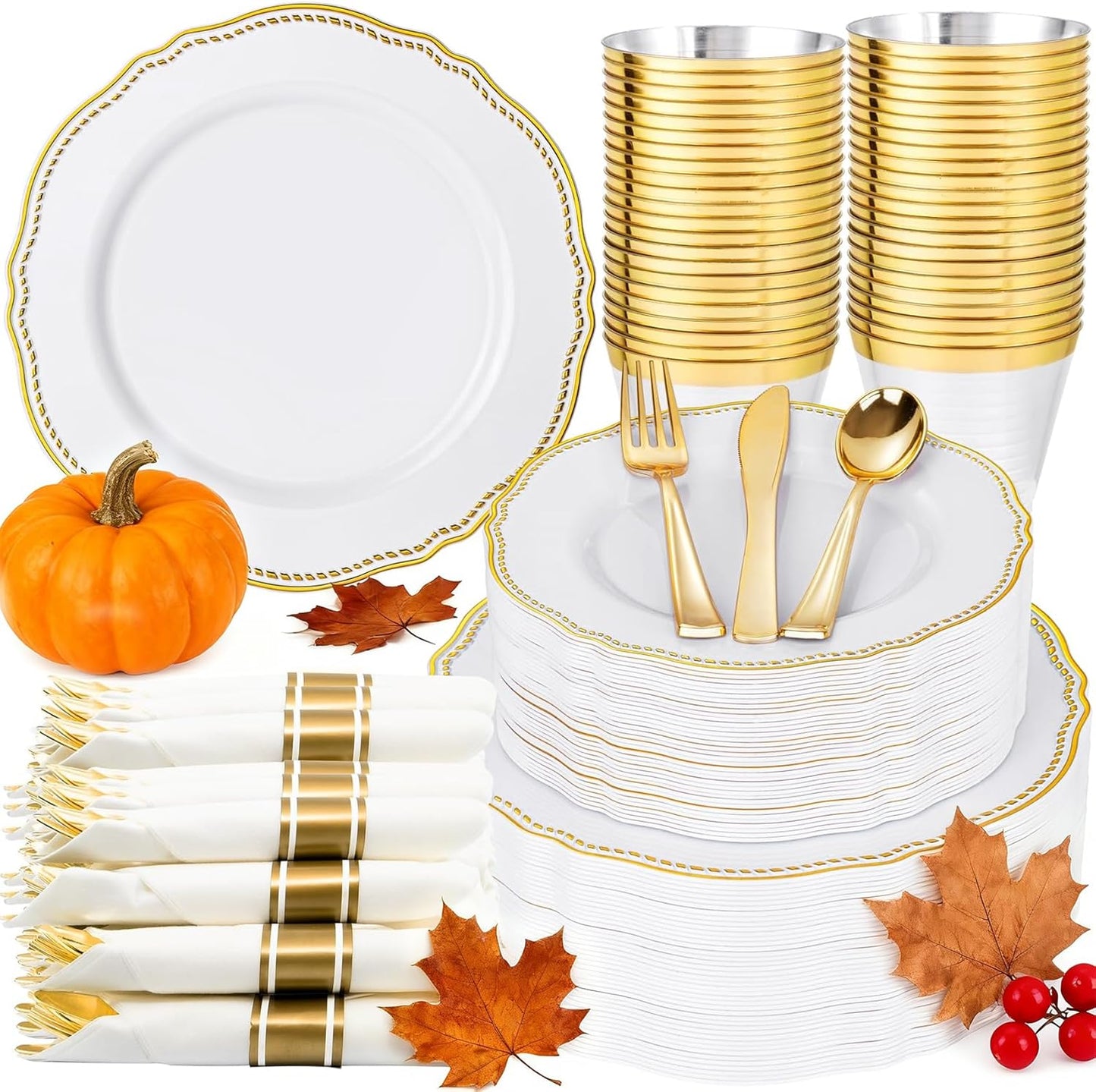 Hioasis 350pcs White and Gold Plastic Plates - Gold Plastic Dinnerware Set Includes 50 Dinner Plates, 50 Dessert Dinnerware, 50 Cups, 50 Rolled Napkin Cutlery Perfect for Wedding & Thanksgiving