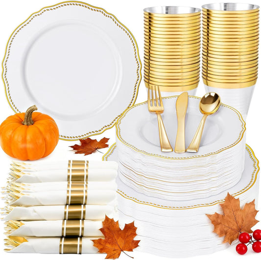 Hioasis 350pcs White and Gold Plastic Plates - Gold Plastic Dinnerware Set Includes 50 Dinner Plates, 50 Dessert Dinnerware, 50 Cups, 50 Rolled Napkin Cutlery Perfect for Wedding & Thanksgiving