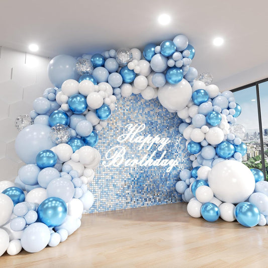 Blue Balloon Arch Kit, 124Pcs Metallic Blue White and Silver Confetti Balloons Different Size Balloons for Baby Shower Bridal Shower Birthday Wedding Bachelorette Anniversary Party Decorations