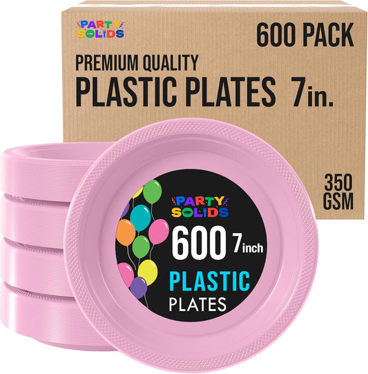 Party Solids Pink Plastic Plates Bulk 7" Pink Disposable Plates For Party Supplies 600 Pieces Disposable Dinner Plate Heavy Duty 350 GSM Plate Sets, Plastic Dinnerware Sets