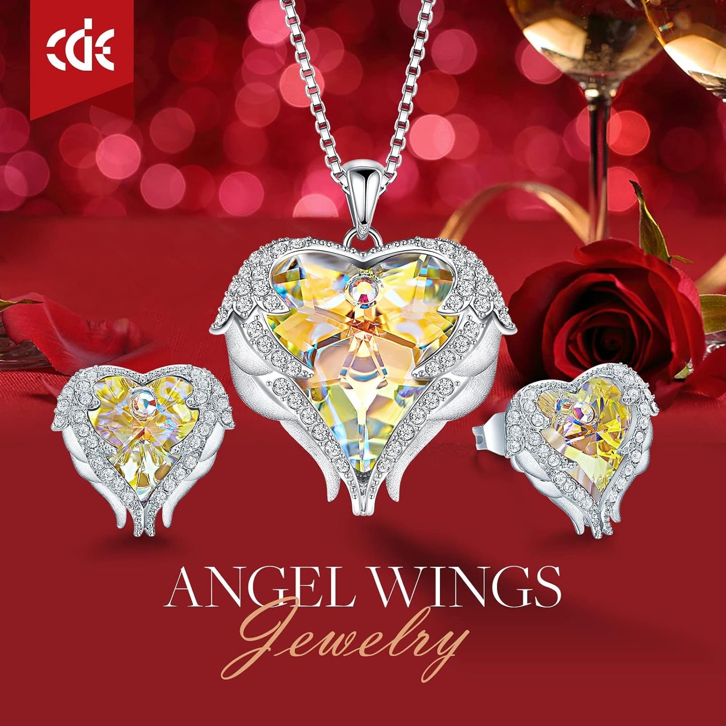 CDE Mothers Day Jewelry Set for Women, Angle Wing Heart Pendant Necklaces and Earrings with Birthstone， Birthday/Anniversary Christmas Jewelry Gift for Women Wife Her