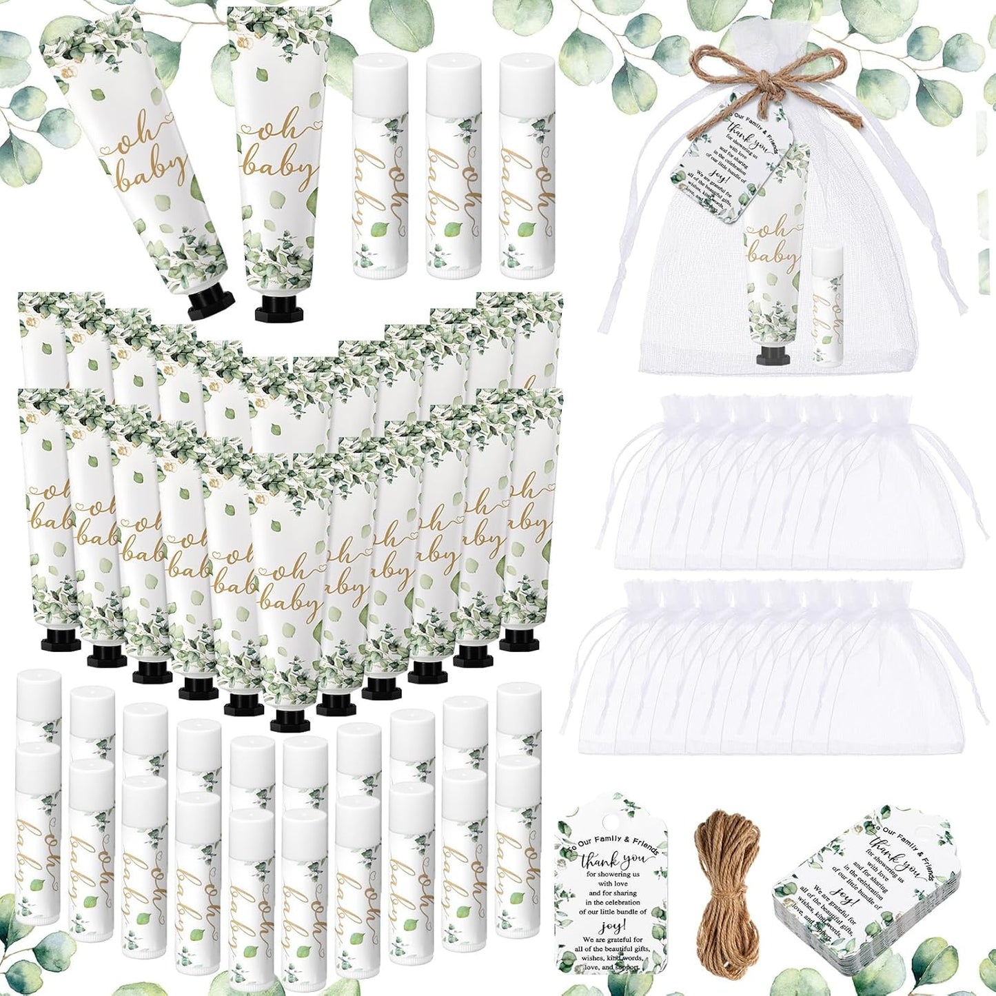 48 Sets 192 Pcs Baby Shower Gifts for Guests Sage Green Oh Baby Shower Games Prizes Greenery Eucalyptus Party Gifts Bulk 48 Hand Cream and 48 Lip Balm Bridal Wedding Party Favors Travel Size