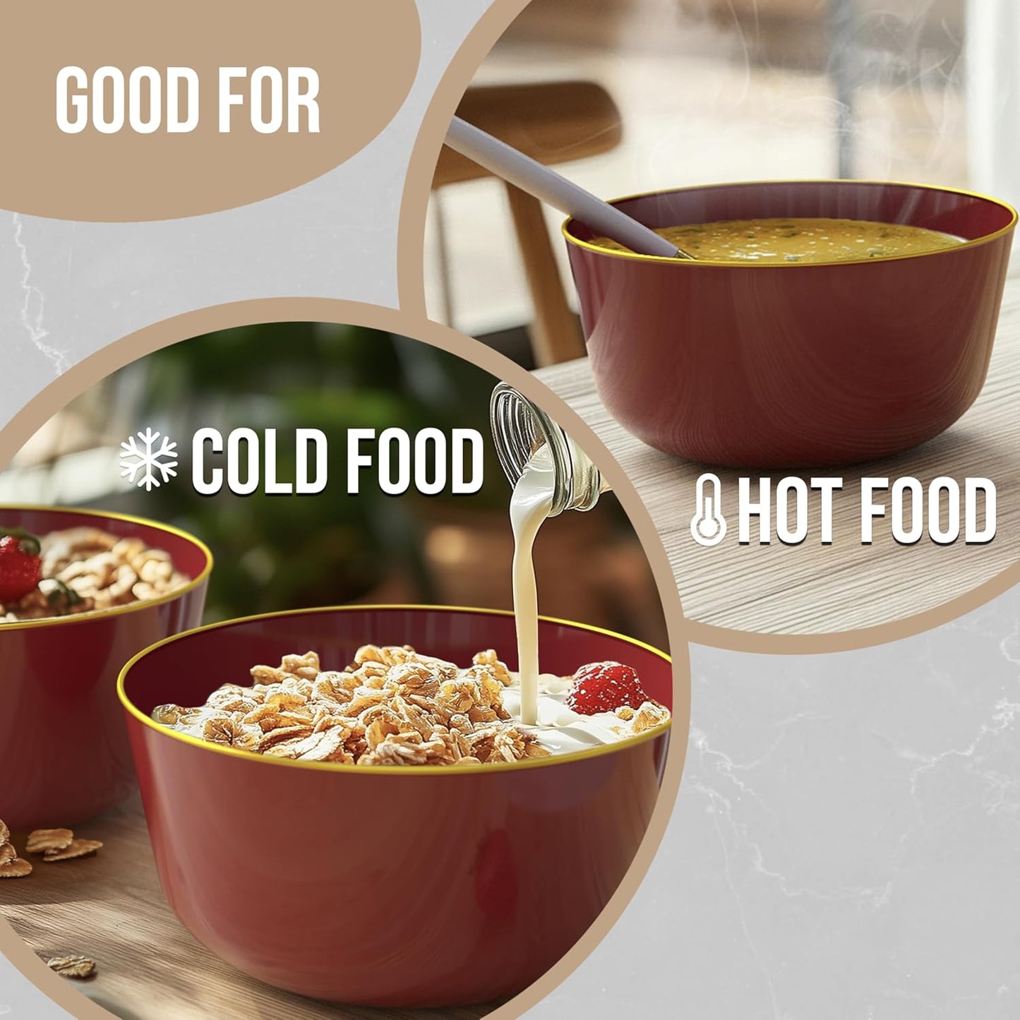 Trendables Plastic Bowls Disposable Set of 10 - 24 Oz Burgundy Gold Rimmed Fancy Serving Bowls
