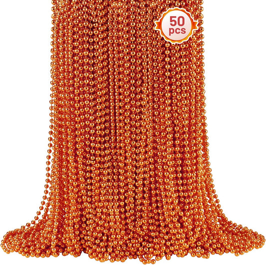 SHAOQINLIN 50 PCS Orange Bead Necklace, Orange Mardi Gras Beads, Halloween Necklaces, 33 Inch Party Beads Necklace Round Beaded Necklace for Mardi Gras, Christmas, Halloween