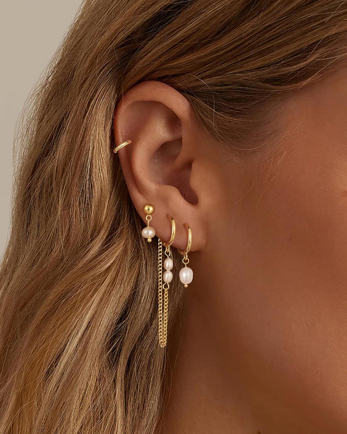 Moodear Gold Earrings for Women No Tarnish - Trendy 14K Gold Plated Pearl Hoop Studs Chain Earrings Stacks for Women Wedding Jewelry Gift