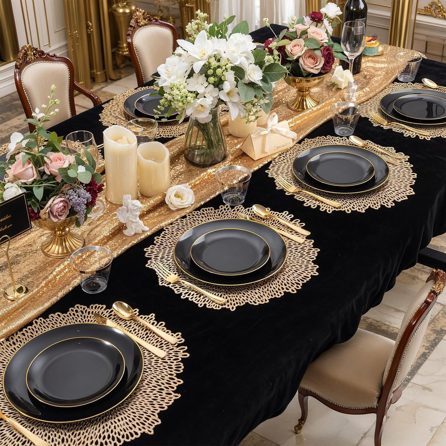 WDF 300PCS Black and Gold Plates - Black Plastic Plates for Party - 50guest Disposable Dinnerware Sets for Party/Wedding/New Year