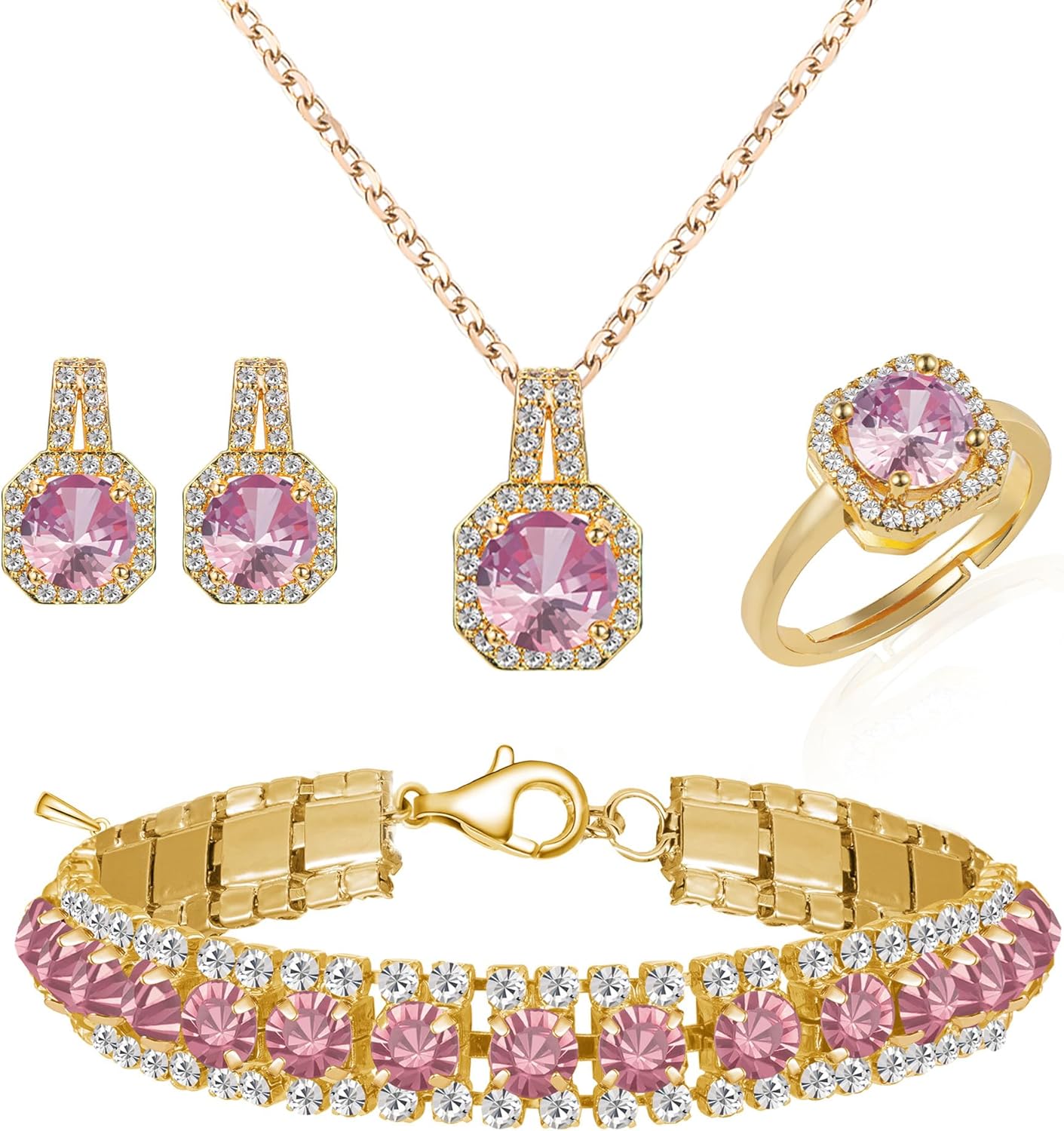 4pcs Cubic Zirconia Wedding Jewelry Sets for Bride Bridesmaid Cubic Zirconia Pendant Necklace Earrings Link Tennis Bracelet Open Ring Set for Women