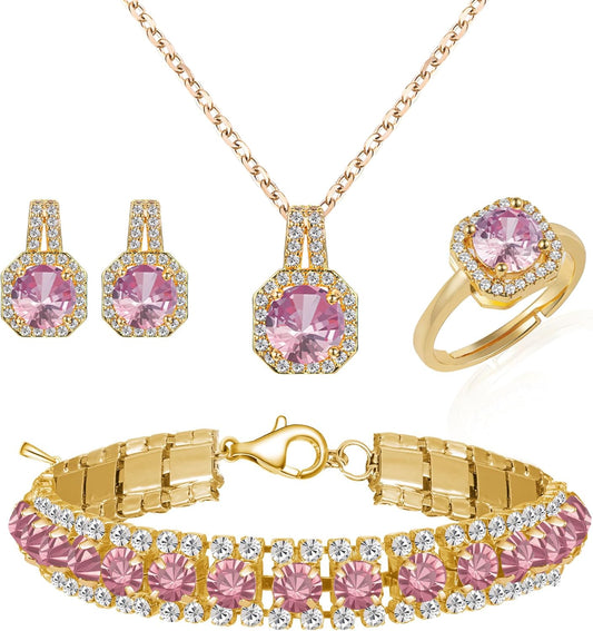 4pcs Cubic Zirconia Wedding Jewelry Sets for Bride Bridesmaid Cubic Zirconia Pendant Necklace Earrings Link Tennis Bracelet Open Ring Set for Women