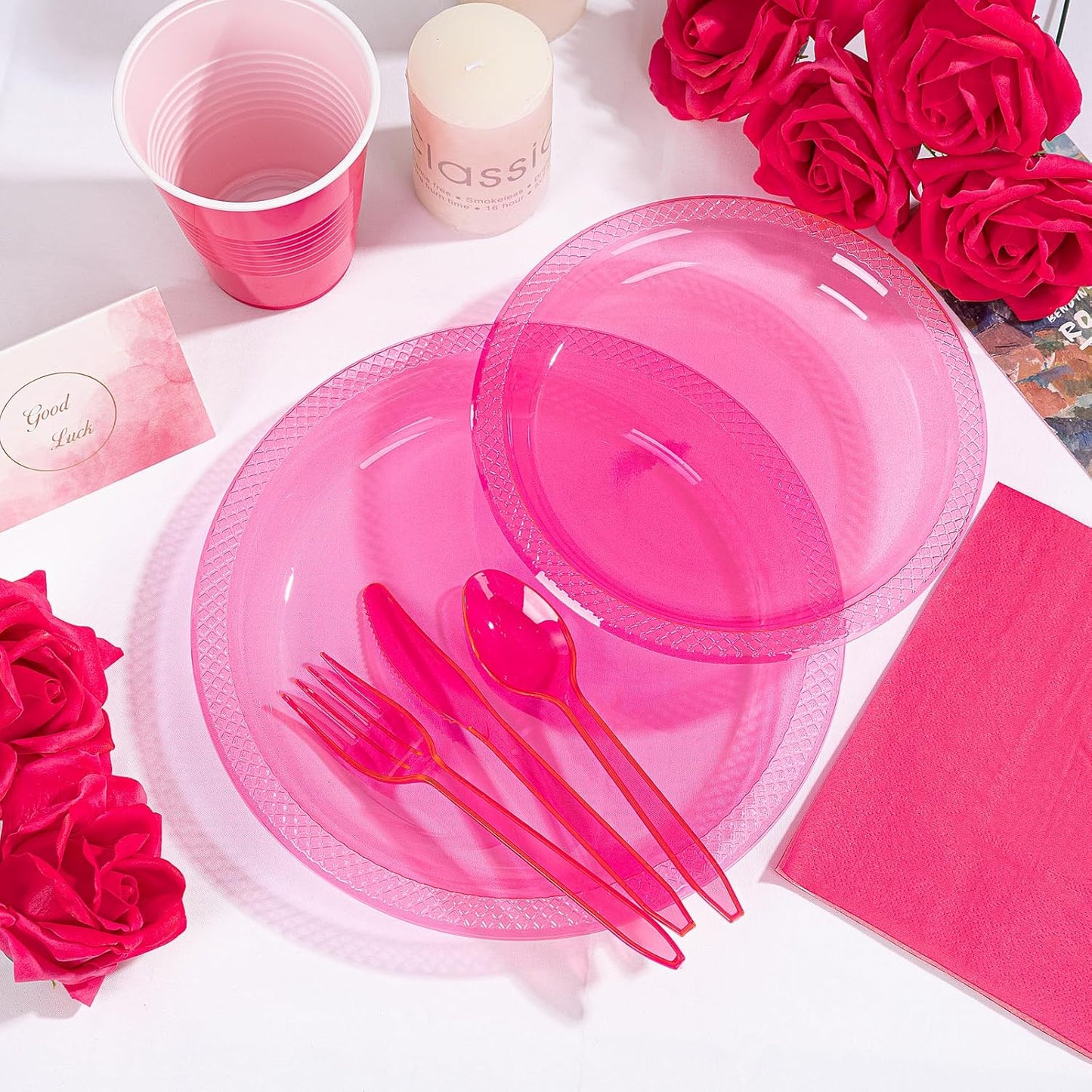 WELLIFE 210Pcs Hot Pink Plates,Clear Hot Pink Plastic Dinnerware Set,Party Supplies Including Clear Plates, 12OZ Cups, Plastic Cutlery and Paper Napkins Serve 30 Guests, Disposable Plates for Party