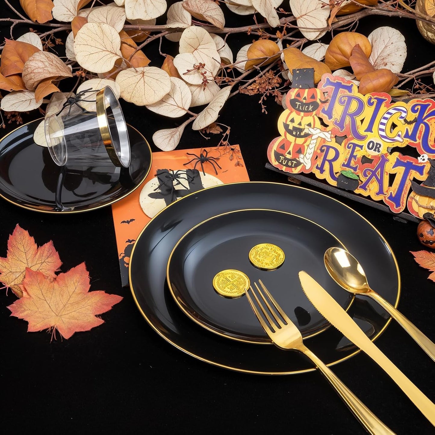 WDF 150PCS Black Plastic Plates - Black and Gold Plates Disposable - 25guest Disposable Dinnerware Sets for Party/Wedding/Halloween/New Year
