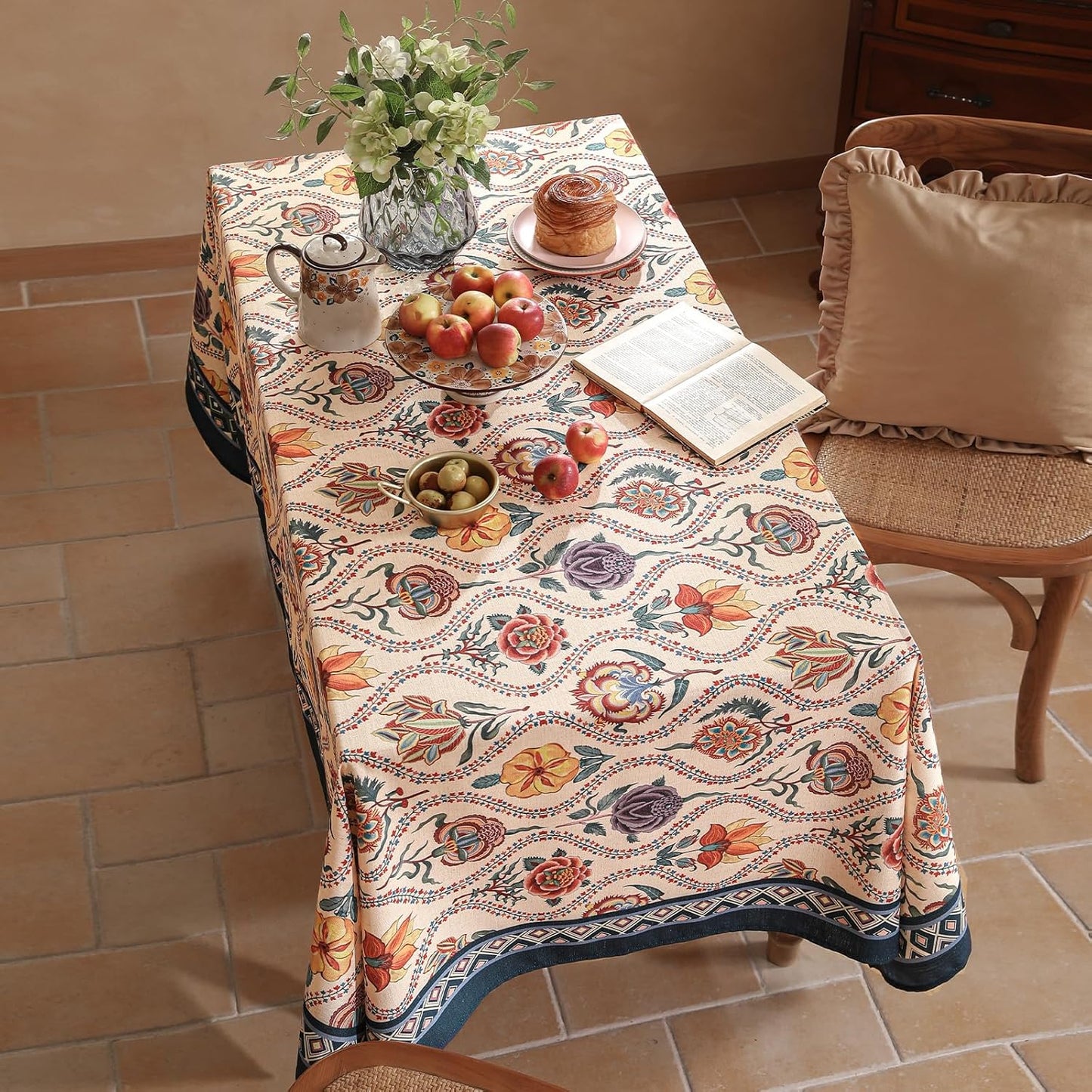 Vintage French Long Rectangular Tablecloth,Linen Tablecloth with Rose and Cornflower Pattern,Decorative Table Cover for Kitchen,Dining,Thanksgiving,Christmas,Tea Party,63"*94"-Lanae