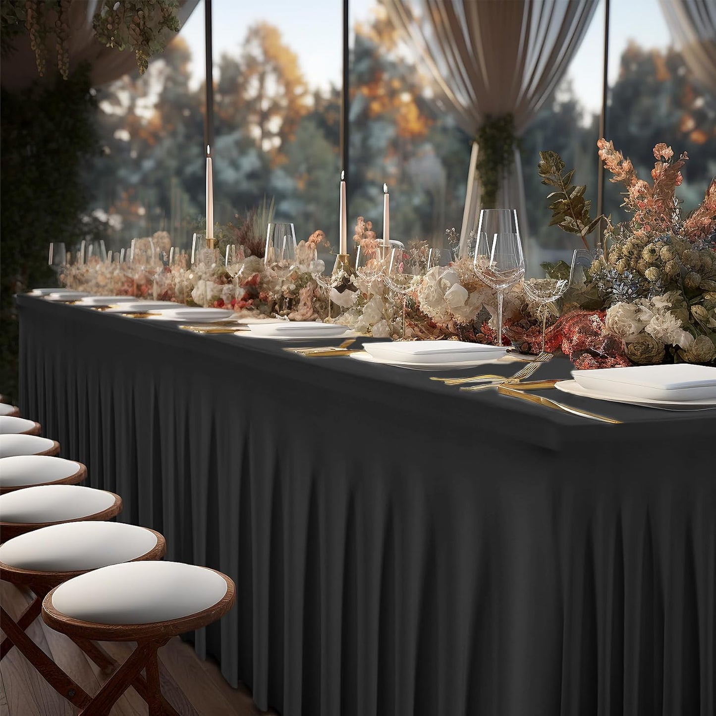 4 Packs Black Table Clothes for 8 Foot Rectangle Tables, One-Piece Wrinkle Resistant Stretch Spandex Table Covers with Skirt for Event Banquet Wedding Birthday Party