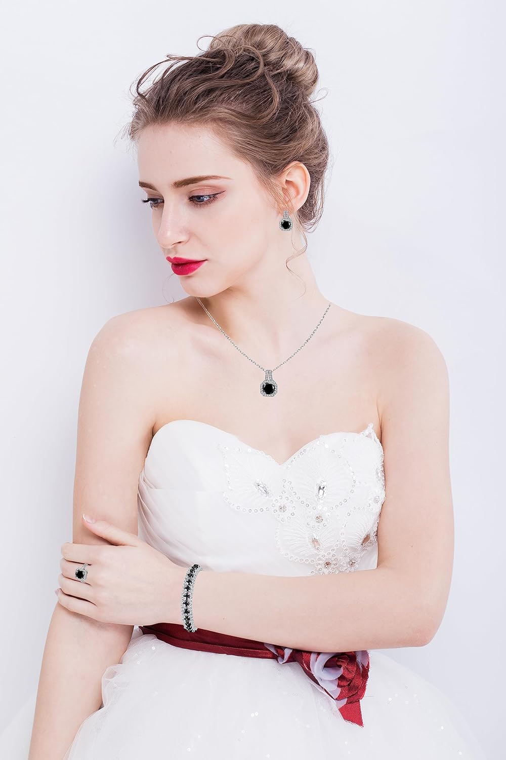 4pcs Cubic Zirconia Wedding Jewelry Sets for Bride Bridesmaid Cubic Zirconia Pendant Necklace Earrings Link Tennis Bracelet Open Ring Set for Women