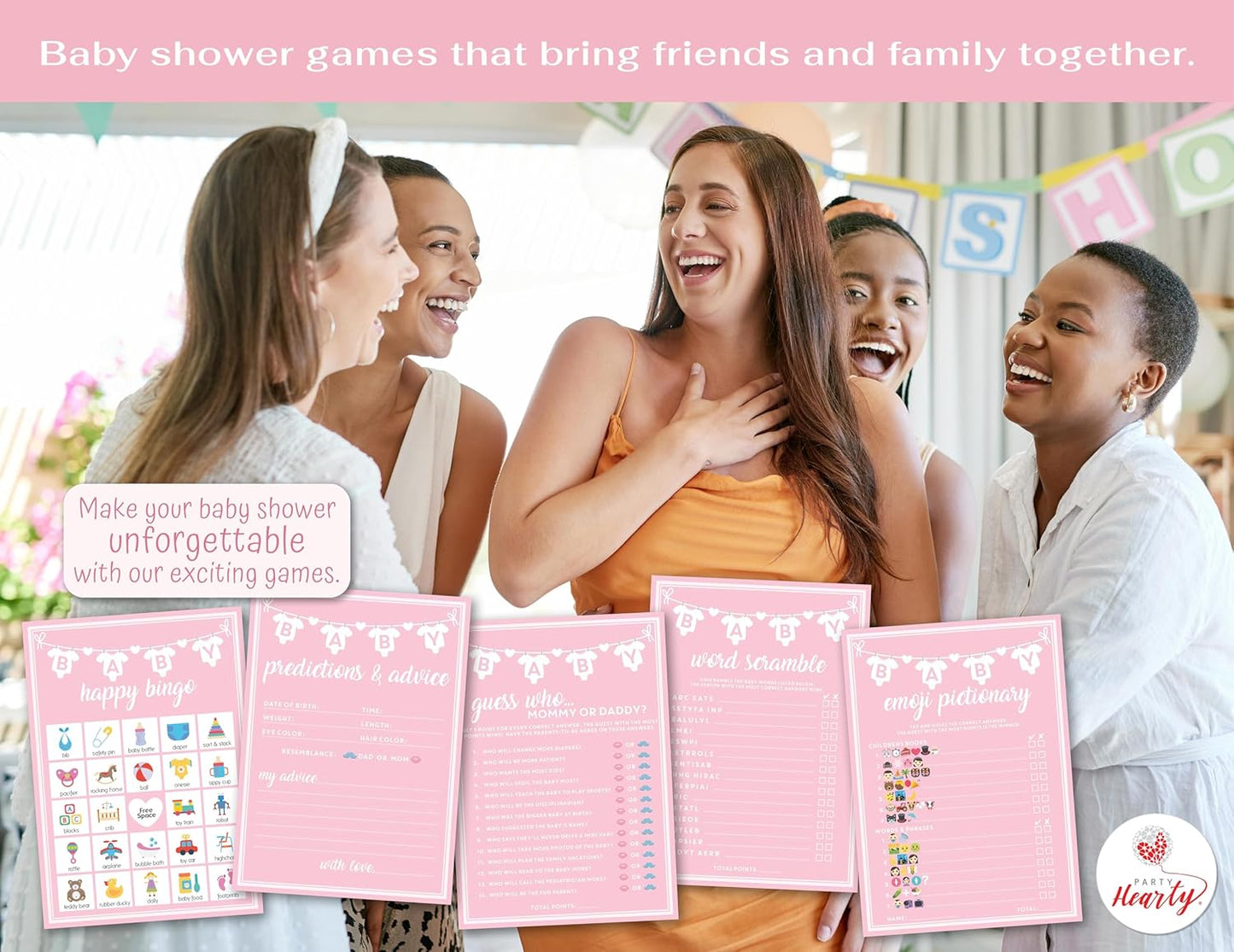 Party Hearty Baby Shower Games for Girl, 250 pcs Pink 5 Games Activities Cards, Funny Baby Shower Games, Baby Shower Ideas