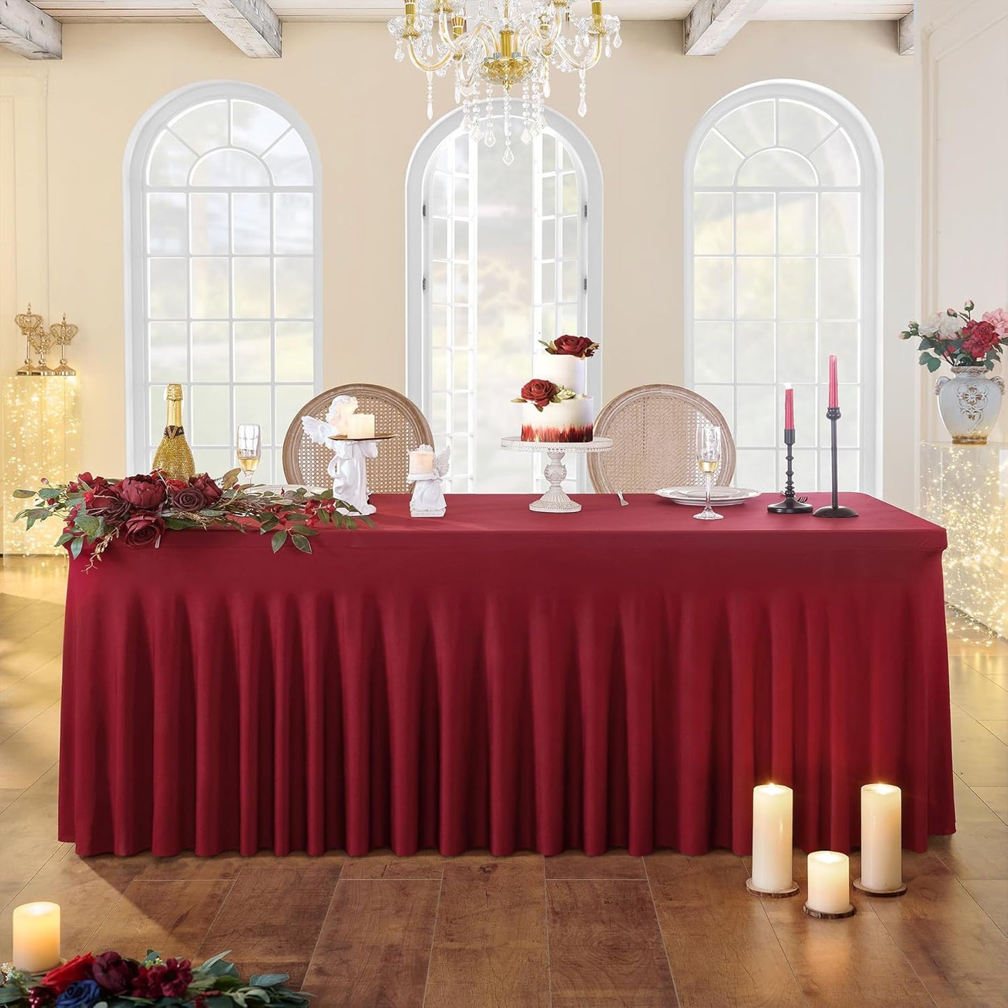 4 Pack Burgundy Spandex Tablecloths for 6 Foot Rectangle Tables, Wrinkle Free Fitted Tablecover 6ft Maroon Stretchy Table Clothes with Skirt for Weddings Birthday Party Banquet Baby Shower