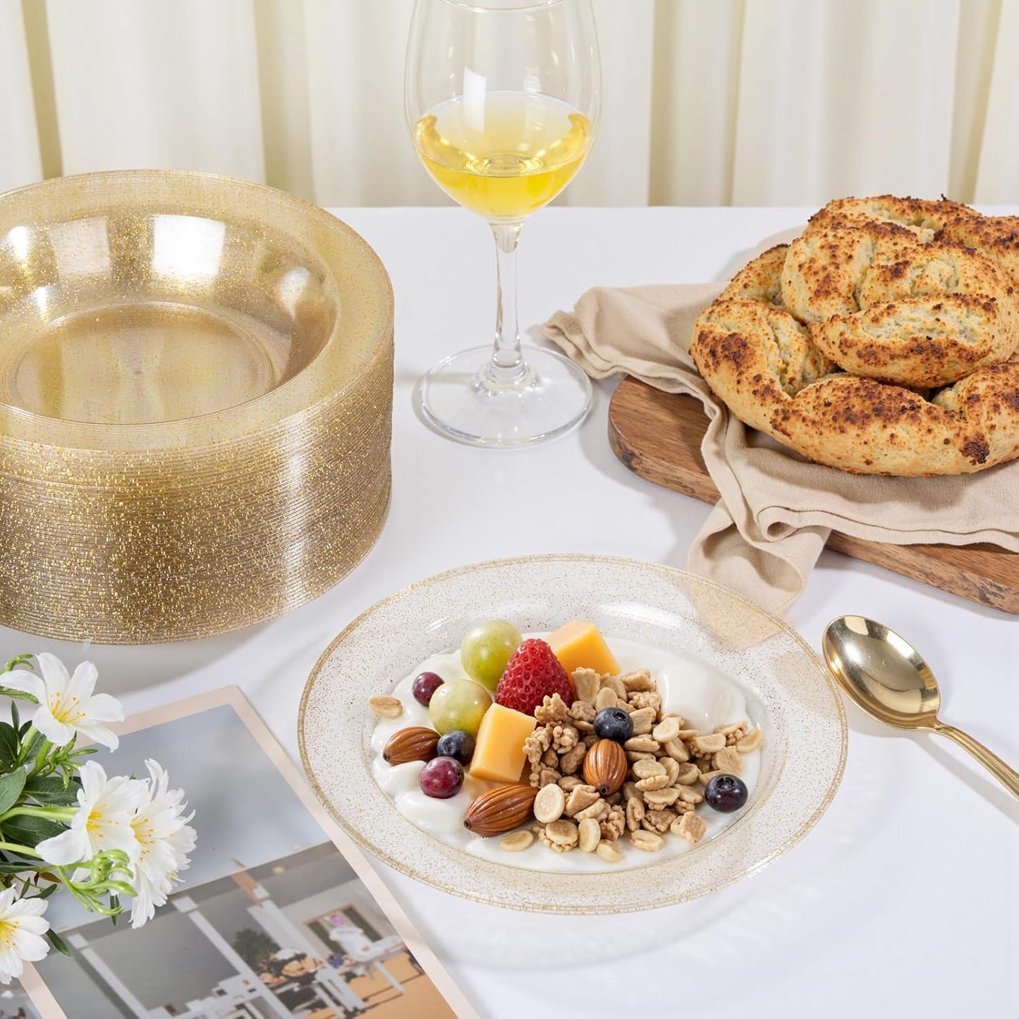 bUCLA 120 Pack Disposable Plastic Bowls - 12oz Clear Gold Glitter Party Bowls for Salads, Desserts, Soups - Premium Disposable for Parties & Thanksgiving