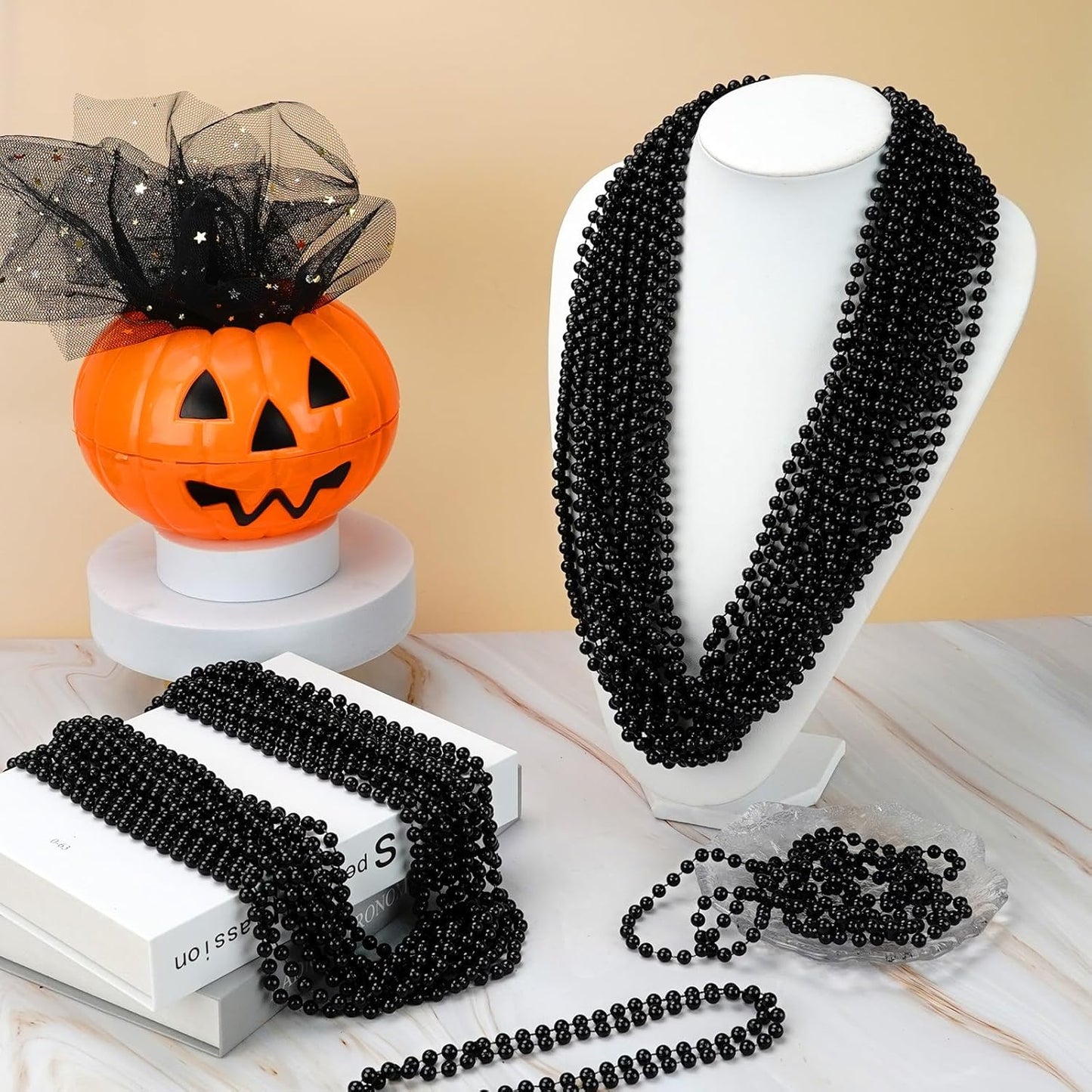 YAXINRUI 24 PCS Black Bead Necklaces, Black Mardi Gras Beads, Halloween Beads Necklaces, New Year Eve Necklaces, 33 Inch Black Beaded Necklaces for Mardi Gras Christmas Halloween Festive Events